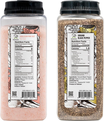 Soeos Himalayan Pink Salt Fine 39 oz + Ground Black Peppercorns 18 oz,Salt and Pepper for Grinder Refill