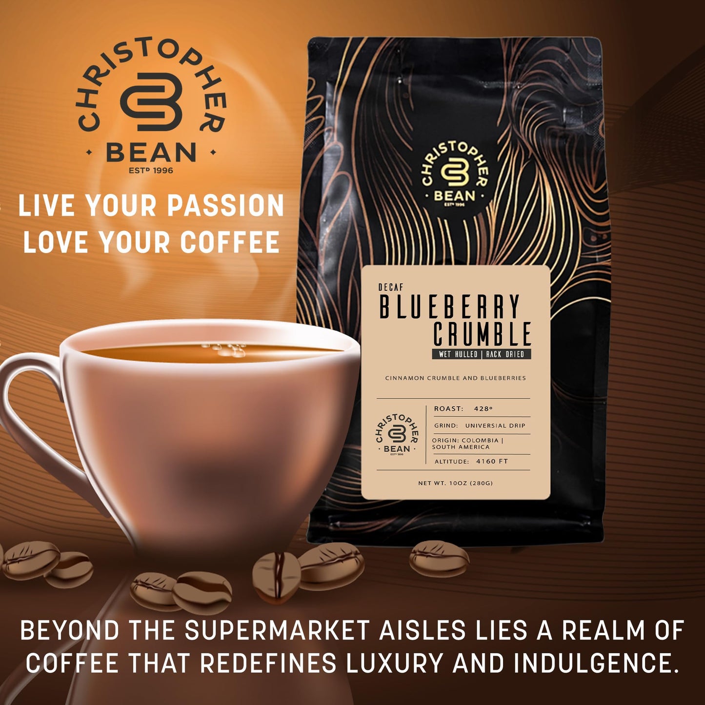 Christopher Bean Coffee - Certified Kosher - Decaf Ground Universal Drip Blueberry Crumble Flavored Coffee| Flavored Coffee With Medium Roast 100% Arabica, No Sugar, No Fats, Non-Gmo | 10-Ounce