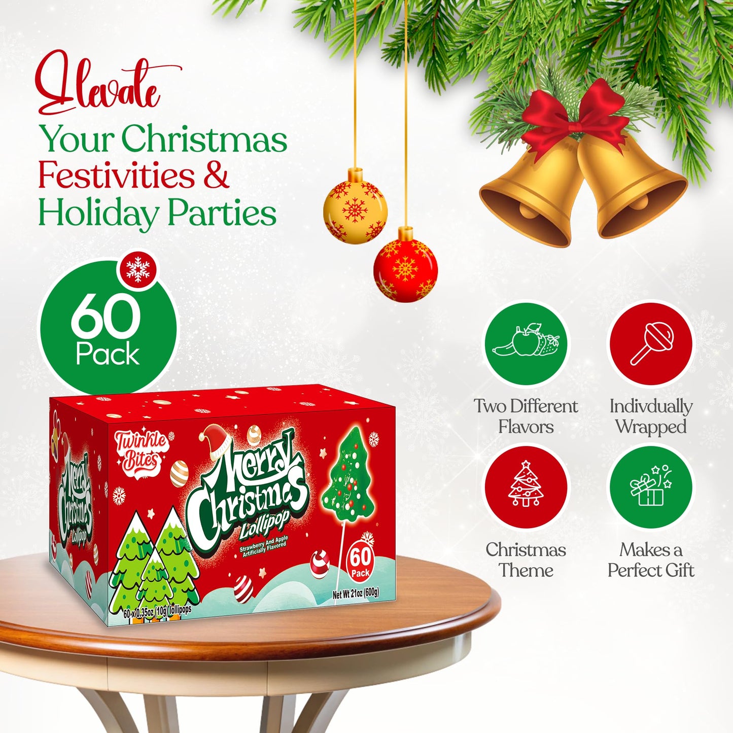 60 Pack Christmas Lollipops - Individually Wrapped Christmas Holiday Themed Hat And Tree Lollipops - Colorful Red & Green Designs & Delicious Flavor -Bulk Candy Use For Stocking Stuffers, Party Favor, Classroom & Office  , Candy Jar Fillers