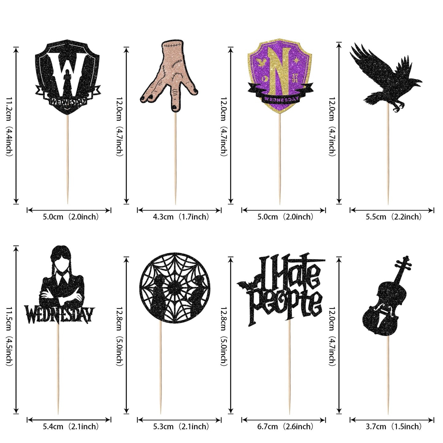 YCTHUNFISH Cupcake Toppers, 24 Pack Glitter Wednesday Addams, Paper, W 6.2 x H 7.8, Black Bat Girl Birthday Party Decorations