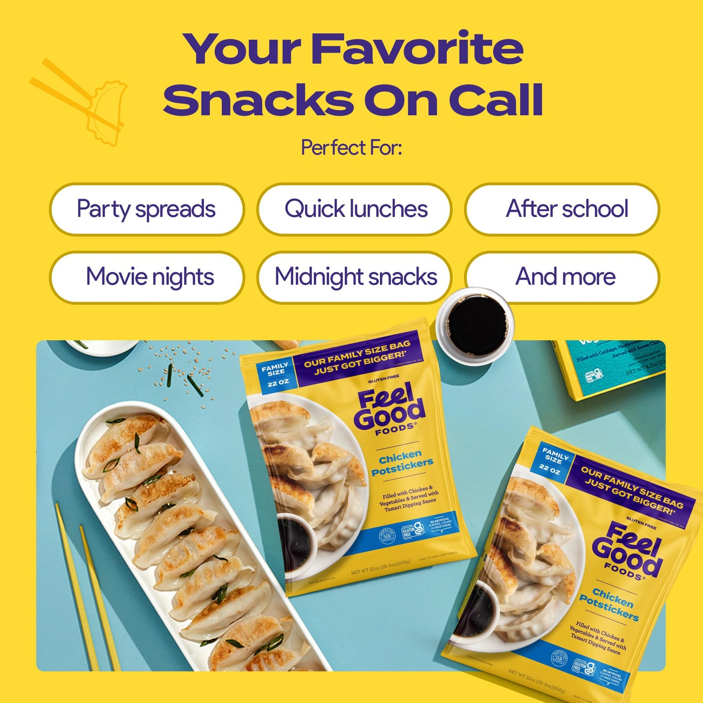 Feel Good Foods Chicken Potstickers - Family Size Gluten Free Dumplings with Umami Tamari Dipping Sauce, 22oz (Frozen)