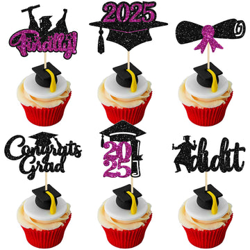 Gyufise 24Pcs Graduation Cupcake Toppers 2025 Purple Glitter Class of 2025 Cupcake Toppers Finally I Did It Grad Cap Diploma Cup
