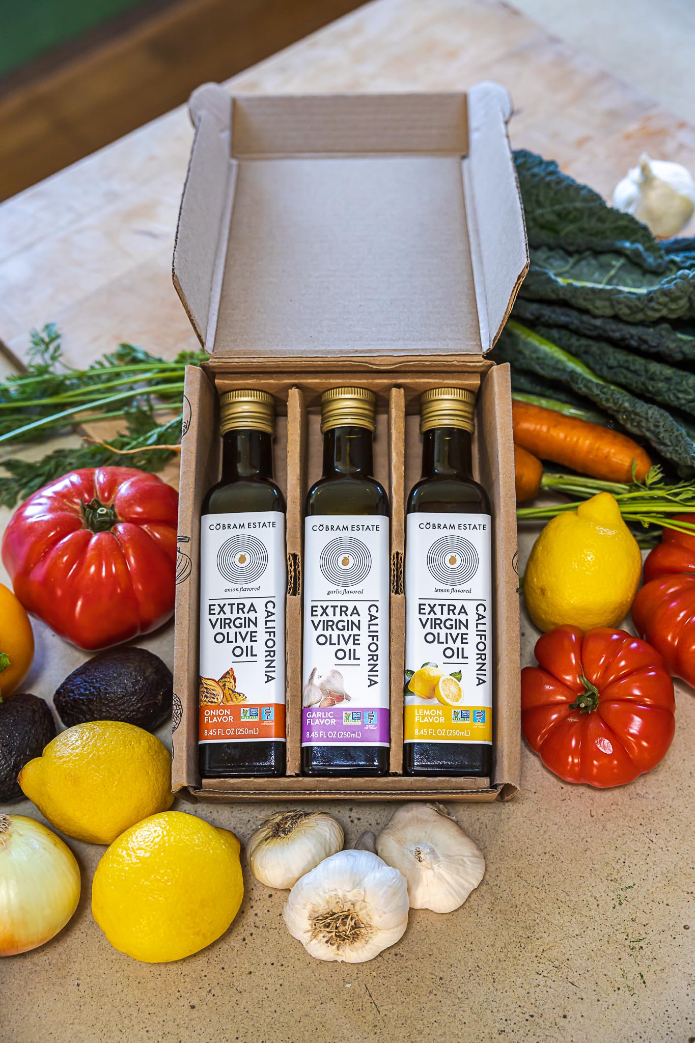 Cobram Estate Extra Virgin Olive Oil - Lemon, Garlic & Onion Flavored, Low-FODMAP, 3 Pack of 250ml Bottles