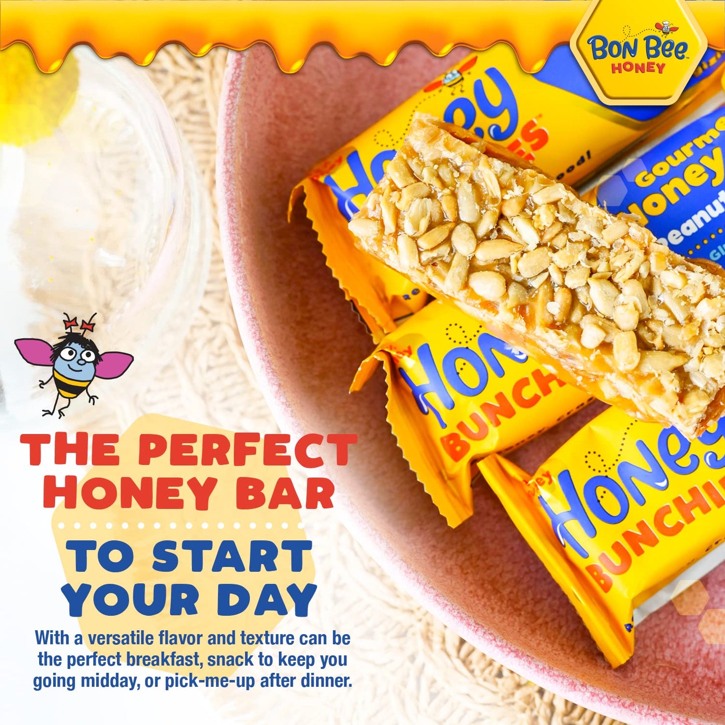 Bon Bee Honey Bunchies All Natural Honey Bar - Natural Breakfast & Nutrition Bars For Healthy Energy & Fuel - Variety Of Delicious Highlights & Perfectly Balanced, 4-1.4Oz Bars