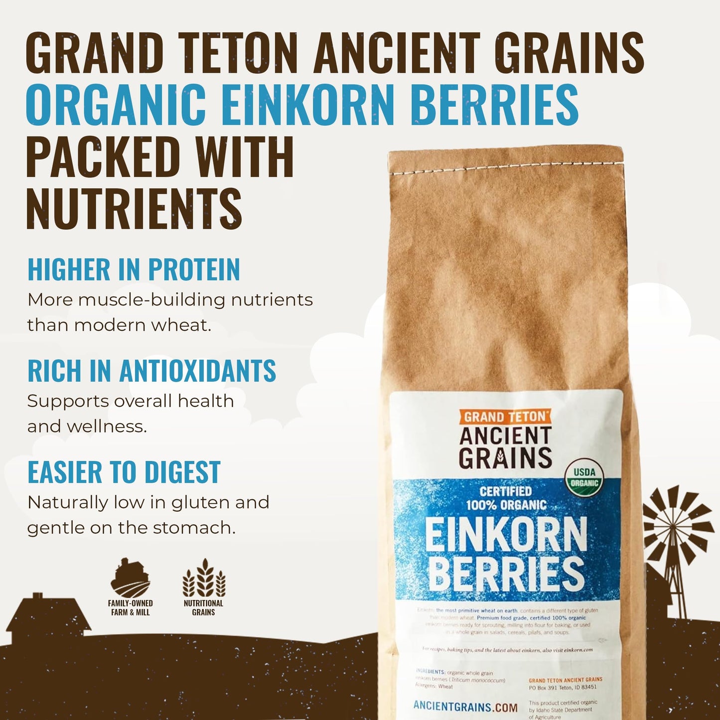 Grand Teton Organic Einkorn Berries - Food-Grade Farro Piccolo for Baking & Cooking, 2.5 lbs