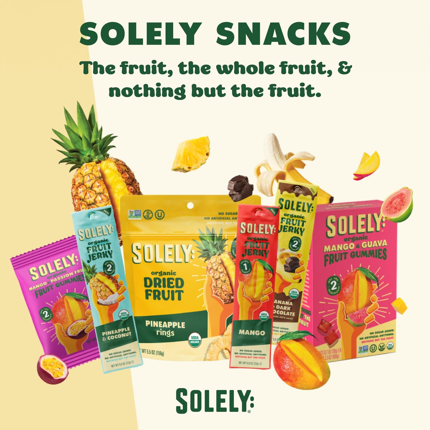 SOLELY - Organic Pineapple Coconut Fruit Jerky - 12 Individually Wrapped Strips - Fruit Leather Made from Dried Fruit - Healthy