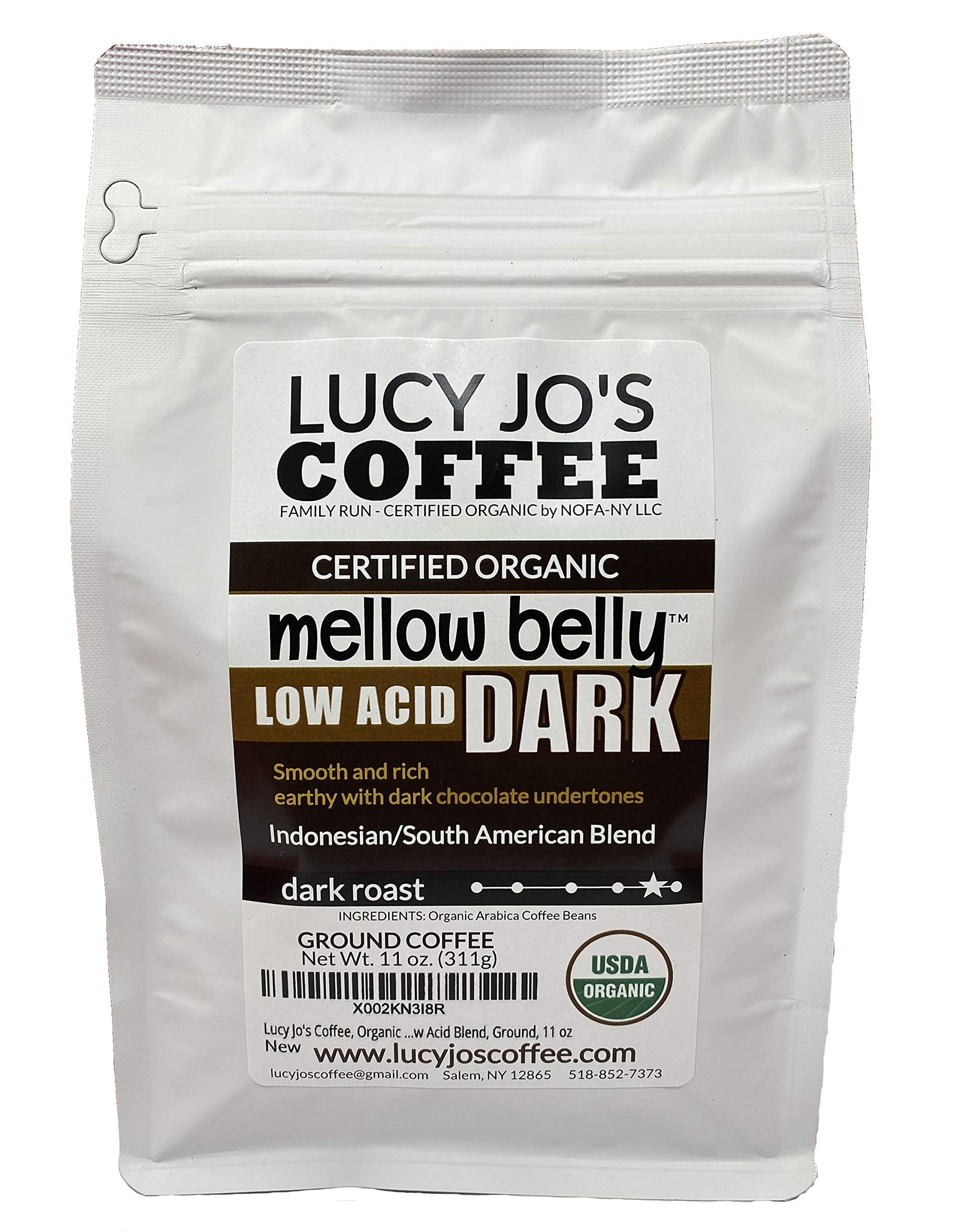 Lucy Jos Coffee Organic Mellow Belly Dark Low Acid Blend Ground Coffee, 11 oz, Brown, Model MBDGR11oz