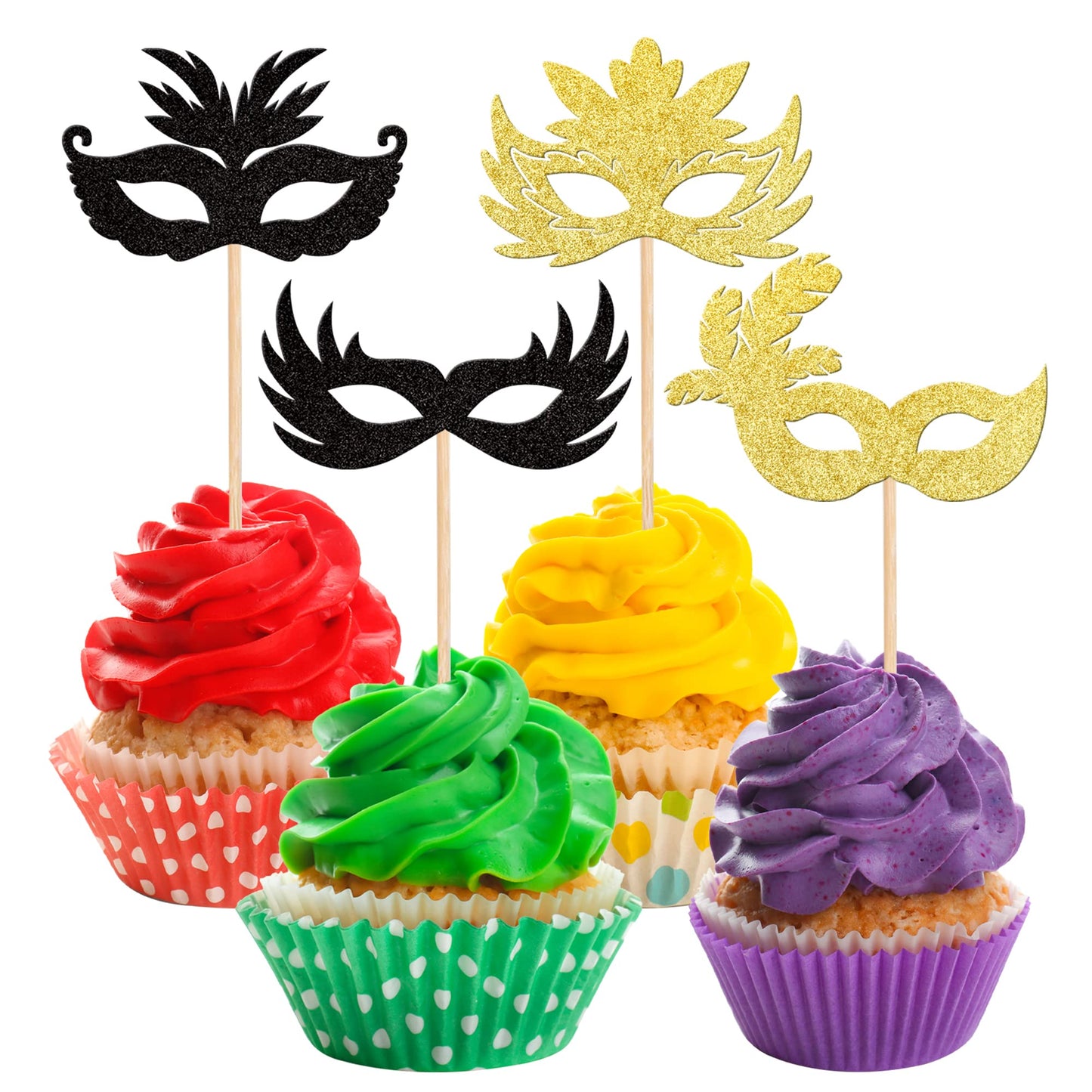 Rsstarxi Masquerade Masks Cupcake Toppers, 36 Pack, Black Gold Glitter, Paper for Bachelorette, Carnival, Birthday Party Decorations