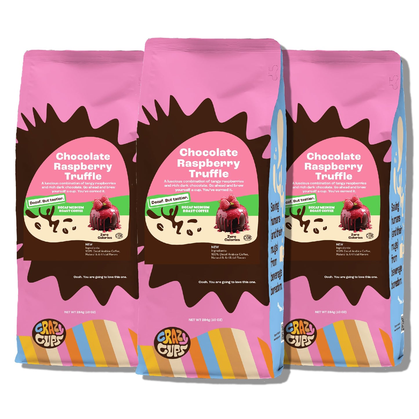 Crazy Cups Decaf Chocolate Raspberry Coffee, 10 oz Bag, Pack of 3, Flavored Ground Coffee for Hot or Iced Beverages