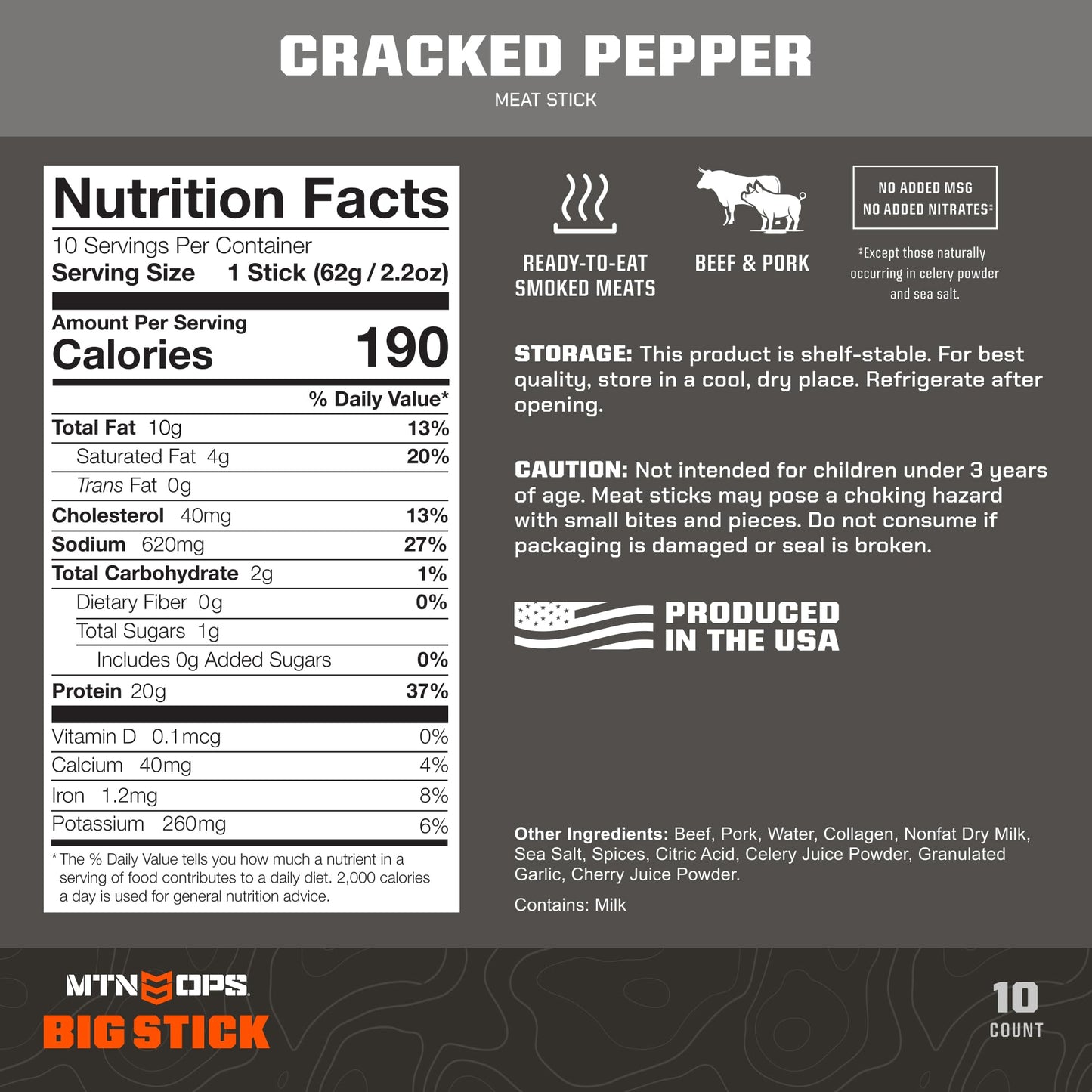MTN OPS Big Stick High Protein Meat Sticks - 20g Protein  10% Collagen - ed Pepper Flavor - Individually Wrapped Beef Snacks - 10 Count Carton