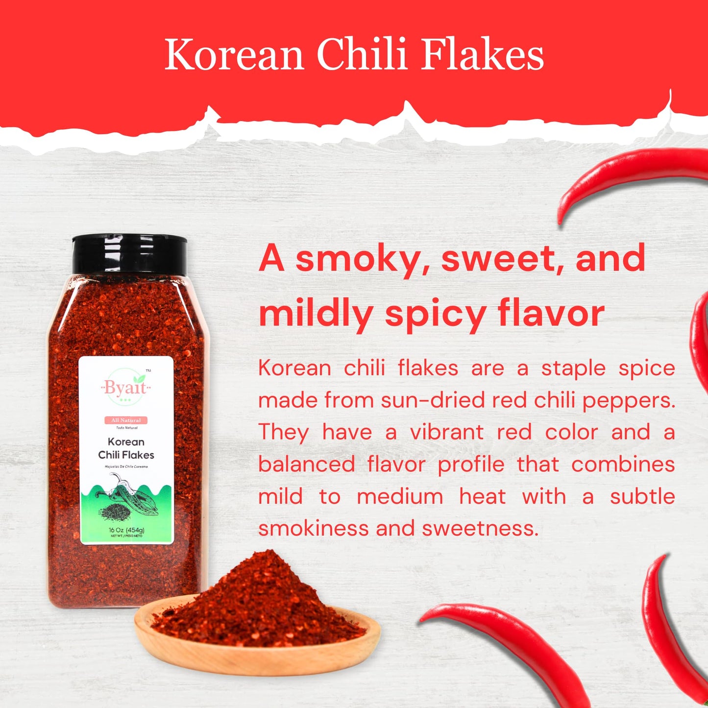 Byait Gochugaru Korean Chili Flakes 16 Oz (1 Lb), Medium Hot, 100% Pure Red Chili Pepper Flakes For Authentic Korean Cooking, Ki