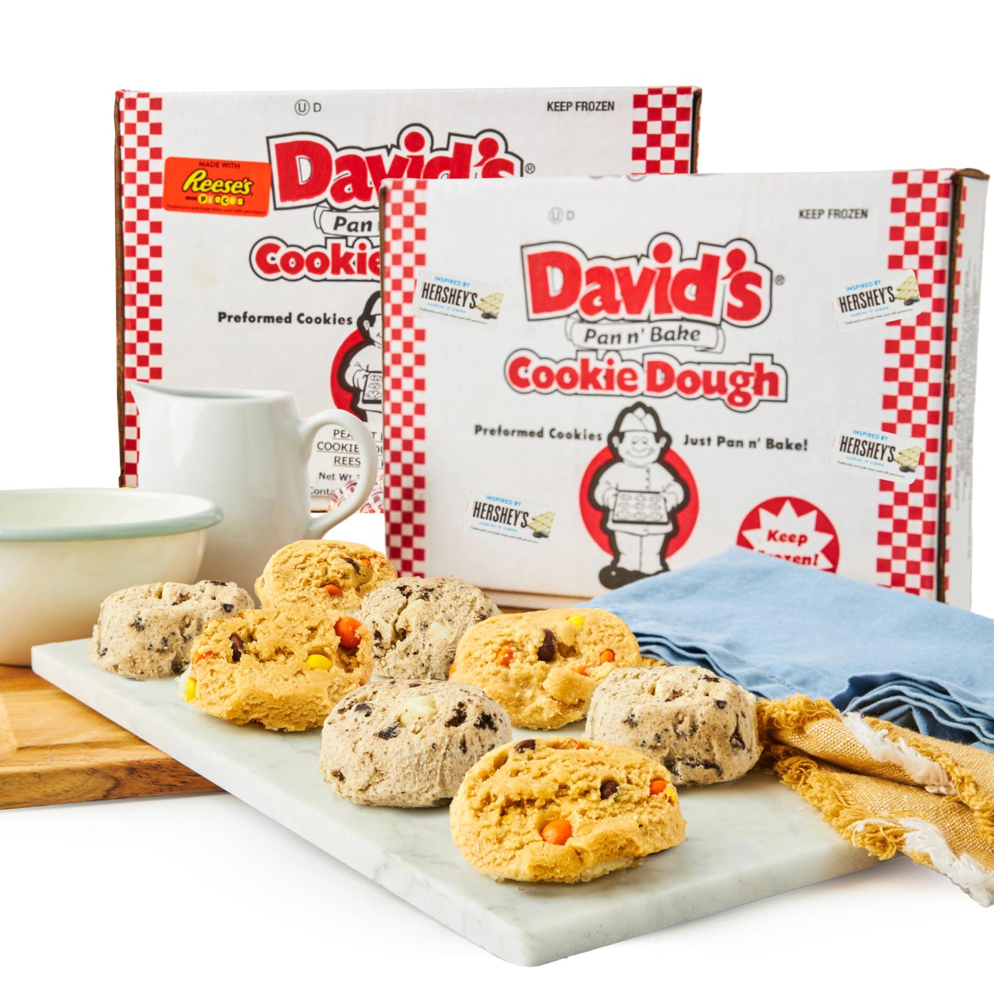 Davids Cookies Cookies and Cream and Peanut Butter Decadent Cookie Dough Ready to Bake Frozen Variety Pack with Chocolate Cooki