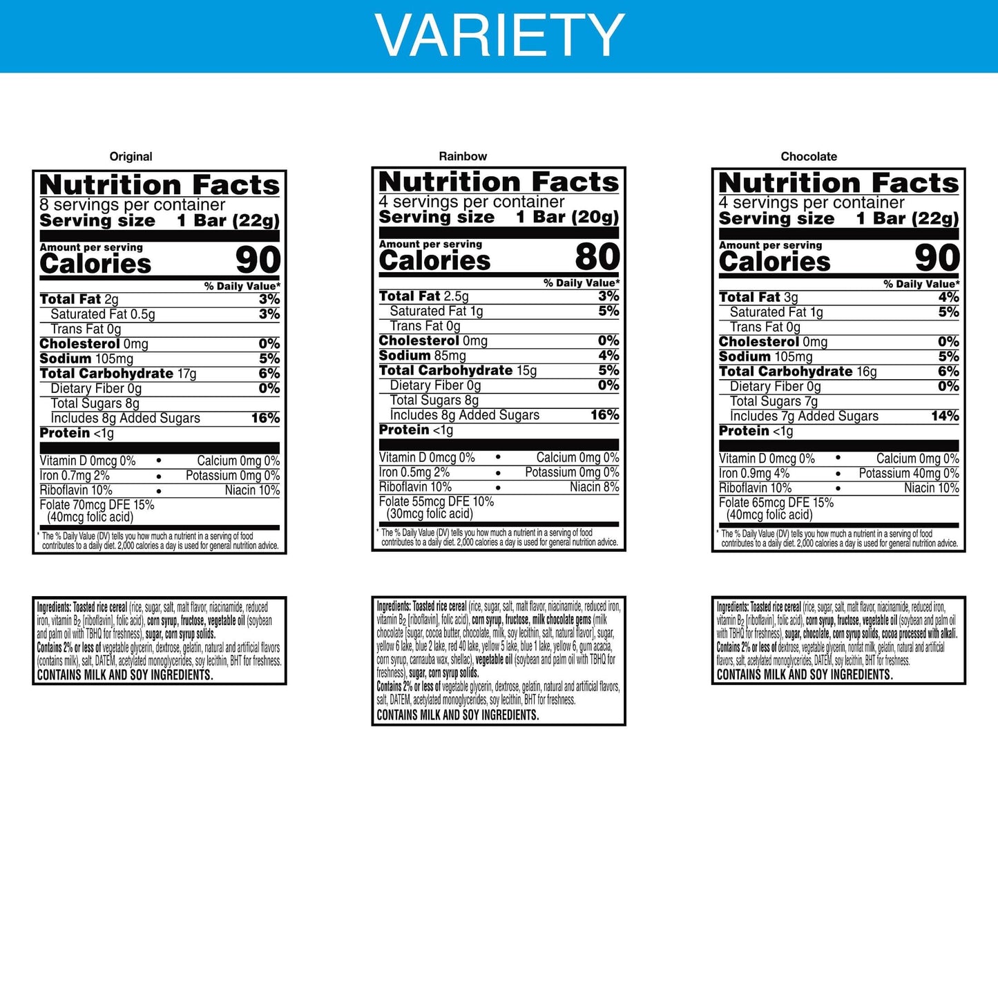 Rice Krispies Treats Marshmallow Snack Bars, Kids Snacks, School Lunch, Variety Pack (6 Boxes, 96 Bars)