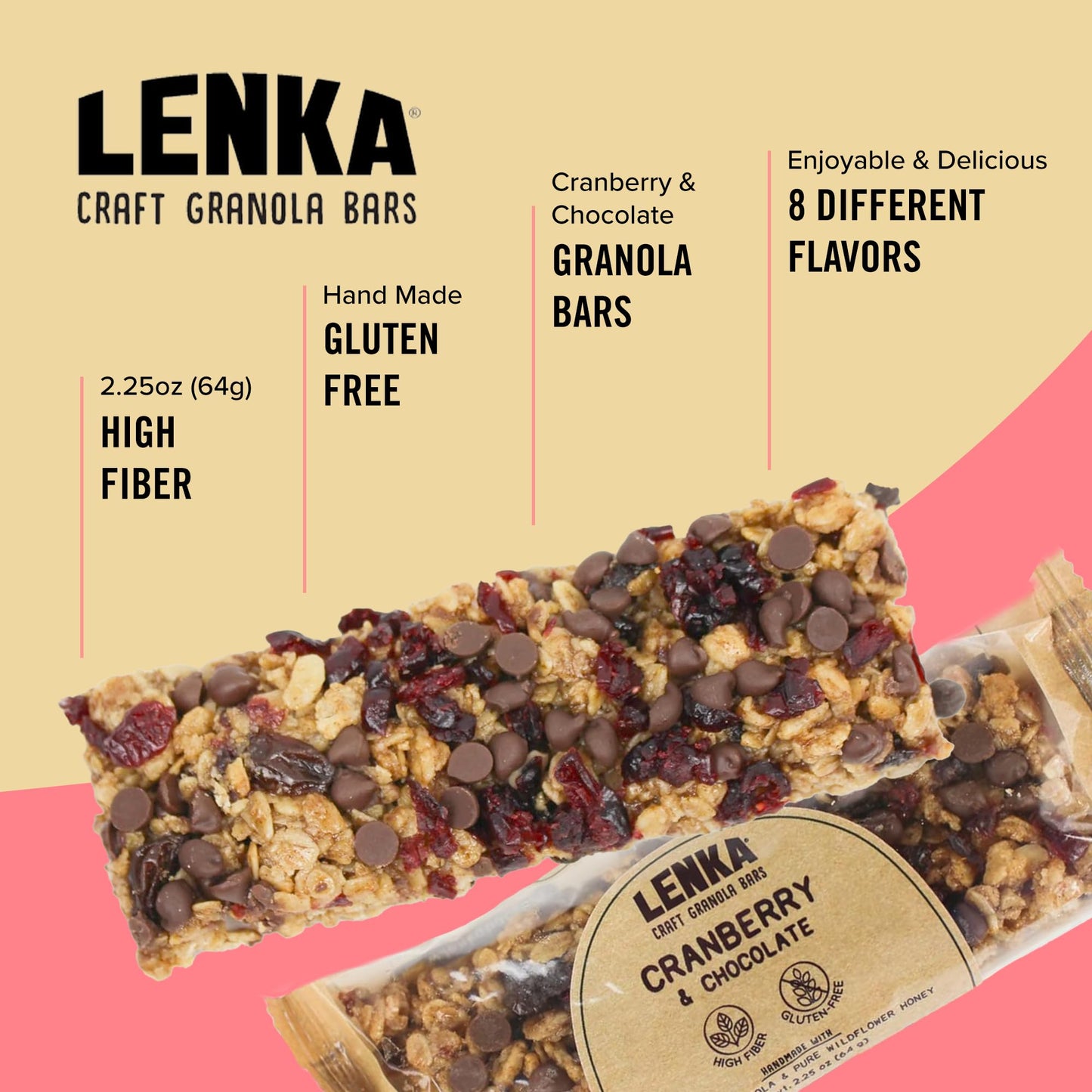 Lenka Handmade Craft Granola Bars - Cranberry Chocolate Gluten Free High Fiber - Nutritious Snack Bar With Organic Granola - 12