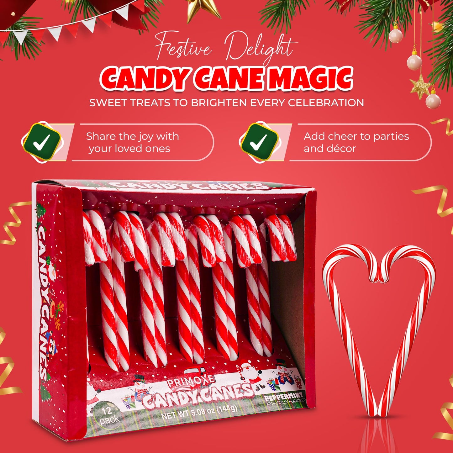 Christmas Candy Canes 12 Pack - Classic Red & White Peppermint Cane Sticks Individually Wrapped - Bulk Christmas Candy For Holiday  , Decorations, Stocking Stuffers & Gifts