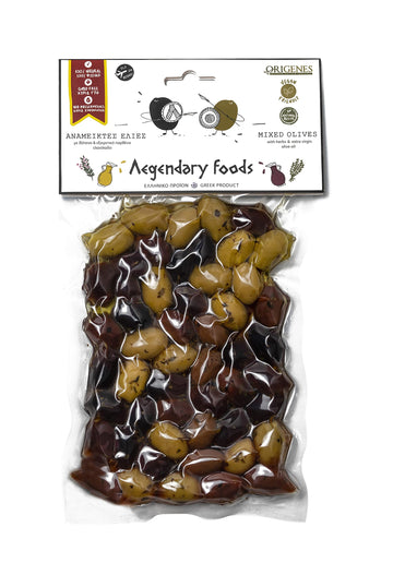 Pack Of 4 Mixed Olives In Vacuum, Black Kalamon Olives Mixed With Green Olives Marinated In Lemon Juice, With Savory Greek Orega