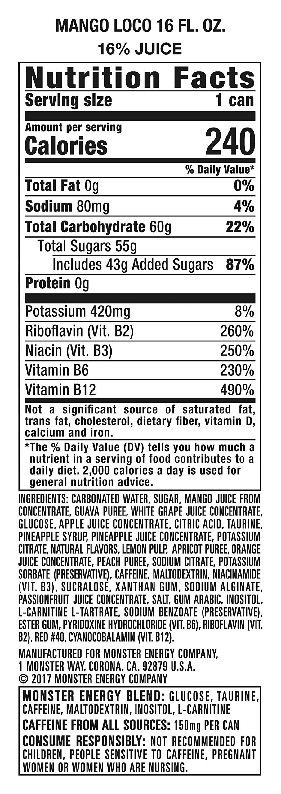 Monster Energy Juice Monster Mango Loco, Energy + Juice, Energy Drink, 16 Ounce (Pack Of 15)
