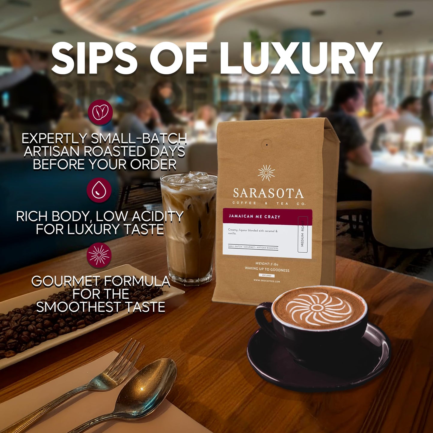 SARASOTA COFFEE & TEA CO. Whole Bean Coffee | Medium Roast | Low Acid | 80 oz