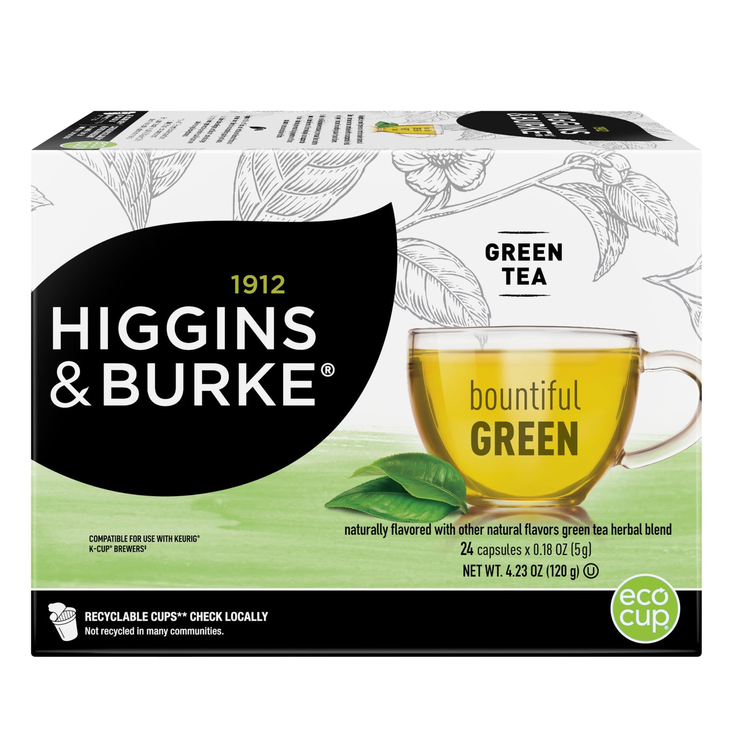 Higgins & Burke Bountiful Green, Loose Leaf, Green Tea, Keurig K-Cup Brewer Compatible Pods, 24 Count