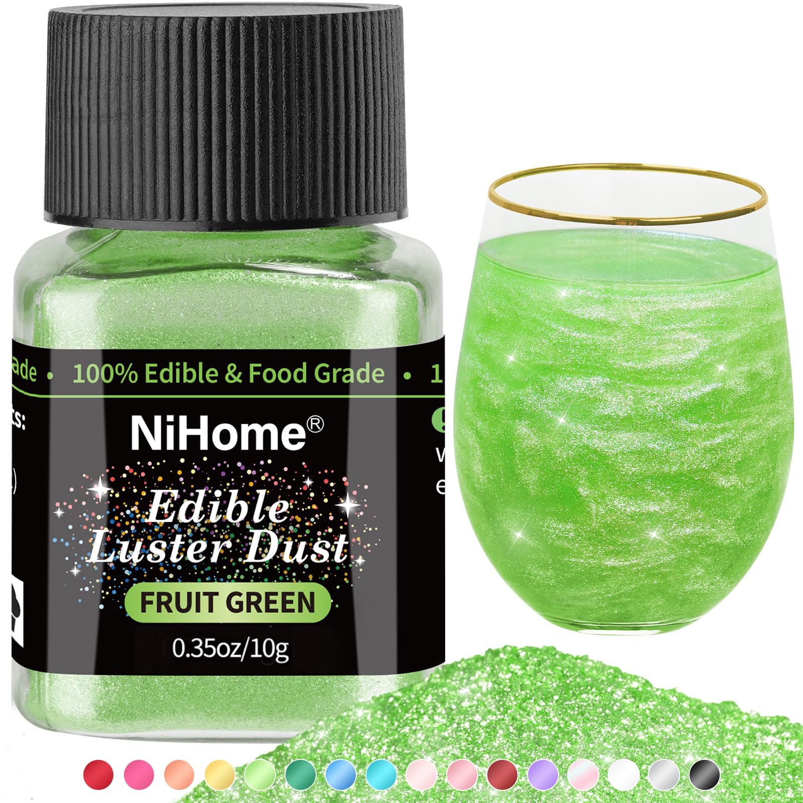NiHome Edible Glitter Powder - Fruit Green, 10g/0.35oz, Vegan, Allergen-Free, Metallic Food Decorating Sprinkle