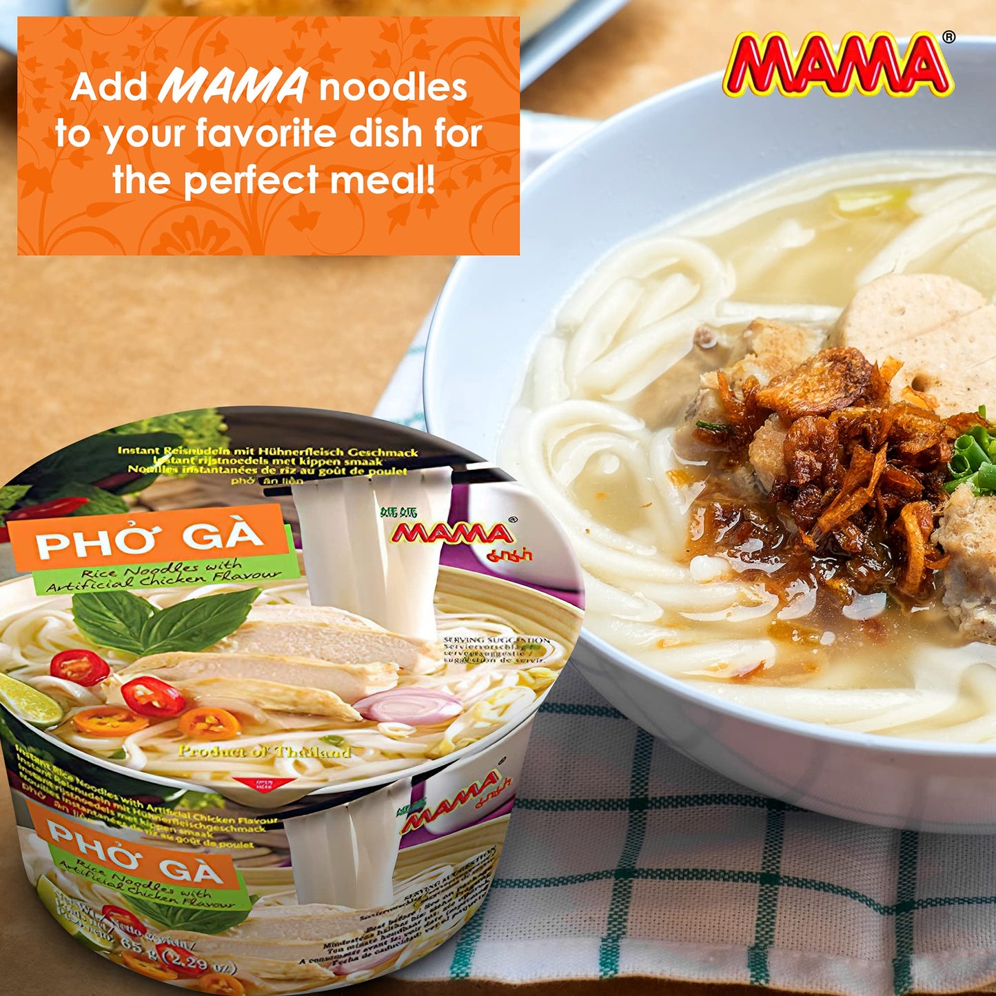 Mama Pho Ga Instant Chicken Soup Bowl Noodle In Vietnamese Style, Silky-Smooth, Chewy Rice Noodles With Piping Hot Aromatic Soup