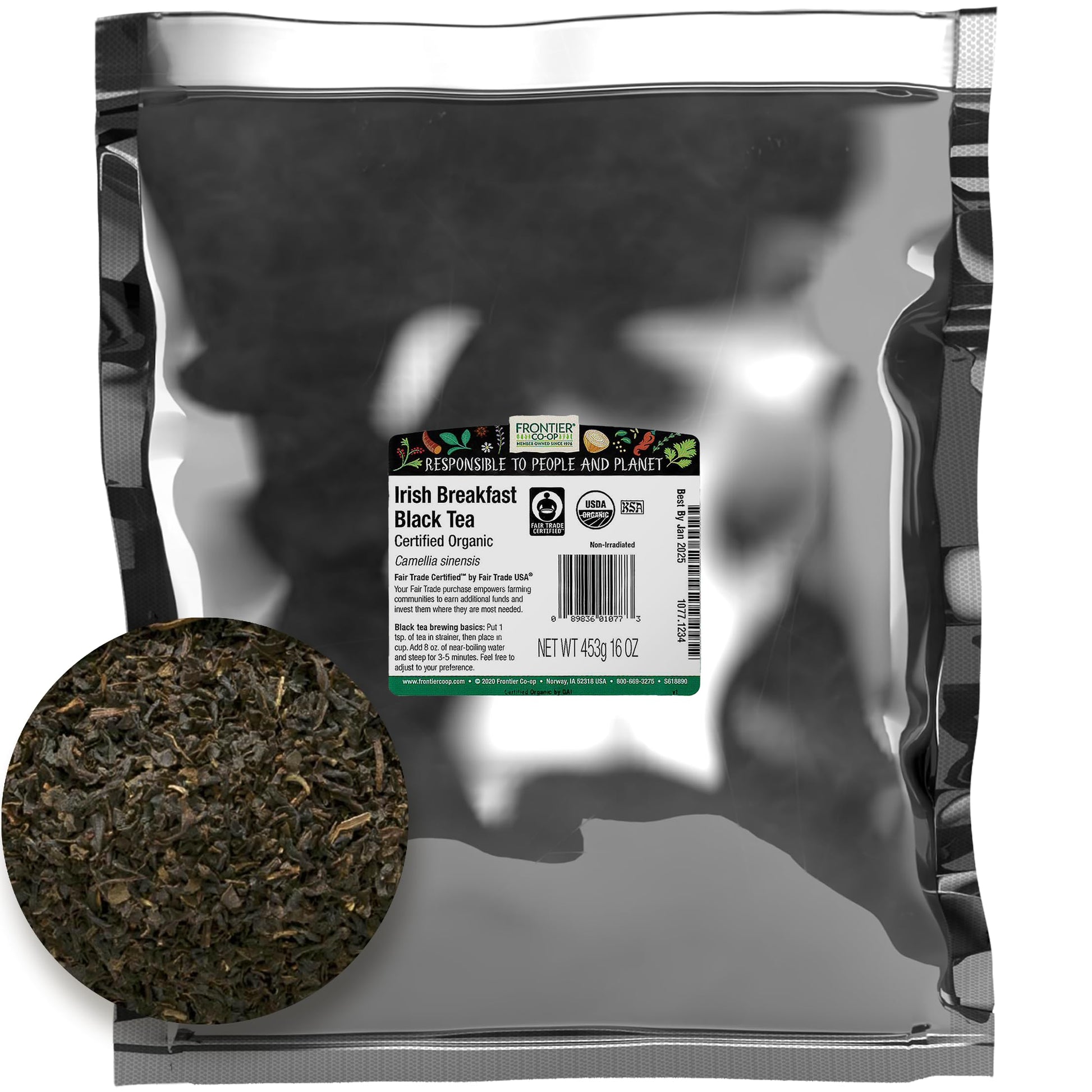 Frontier Co-op Certified Organic Fair Trade Irish Breakfast Tea, 1-Pound Bulk, Rustic, Warm & Bold Black Tea, Kosher,