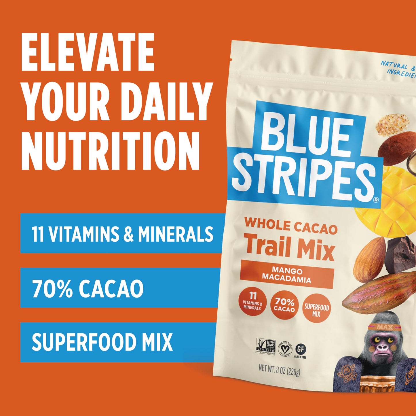 Blue Stripes - Trail Mix, 70% Chocolate Chips, Almonds, Macadamia Nuts, Mango, Healthy Snacks for Adults, Whole 70% Cacao, With