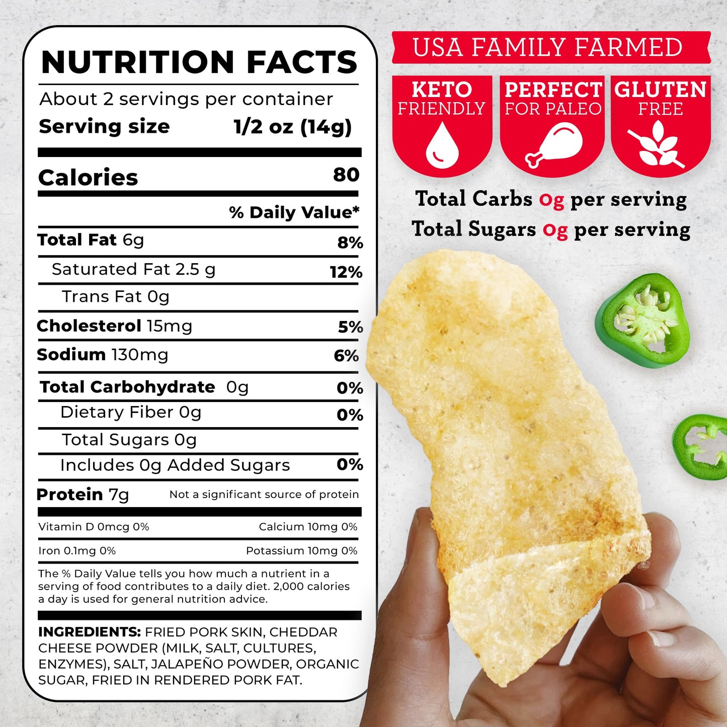 4505 Jalapeno Cheddar Seasoned Chicharrones, Fried Pork Rinds - Jalapeno Cheddar Flavored Pork Skins - Low Carb, Gluten-Free, Pr