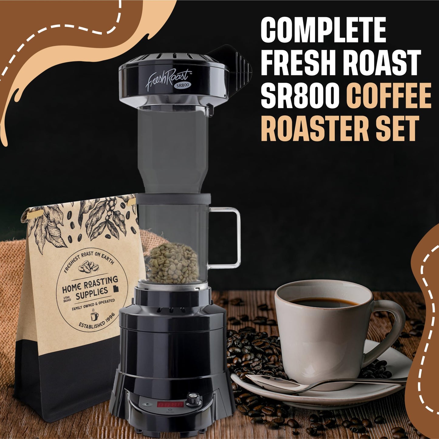 Fresh Roast Coffee Roaster Bundle Sr800, Glass Extension Tube, Coffee Bean Cooler, (2 Lbs) Sample Pack Of Green Beans, (2- Pack)