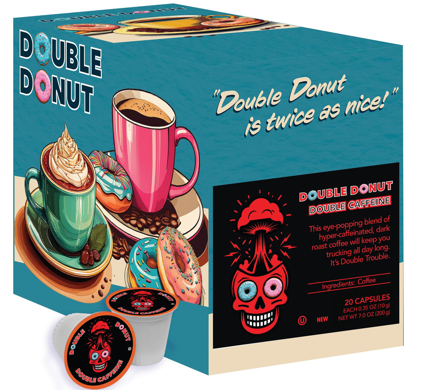 Double Donut Coffee Pods, Extra Strong Dark Roast, Compatible with Keurig, 20 Count