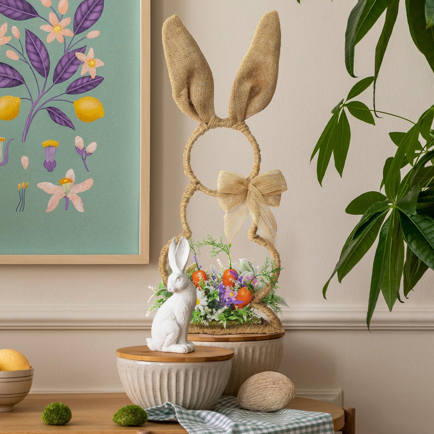 Ki Store Easter Bunny Spring Decoration With Carrot Floral 24-Inch For Fireplace Mantel Table Burlap Easter Sping Party Holiday