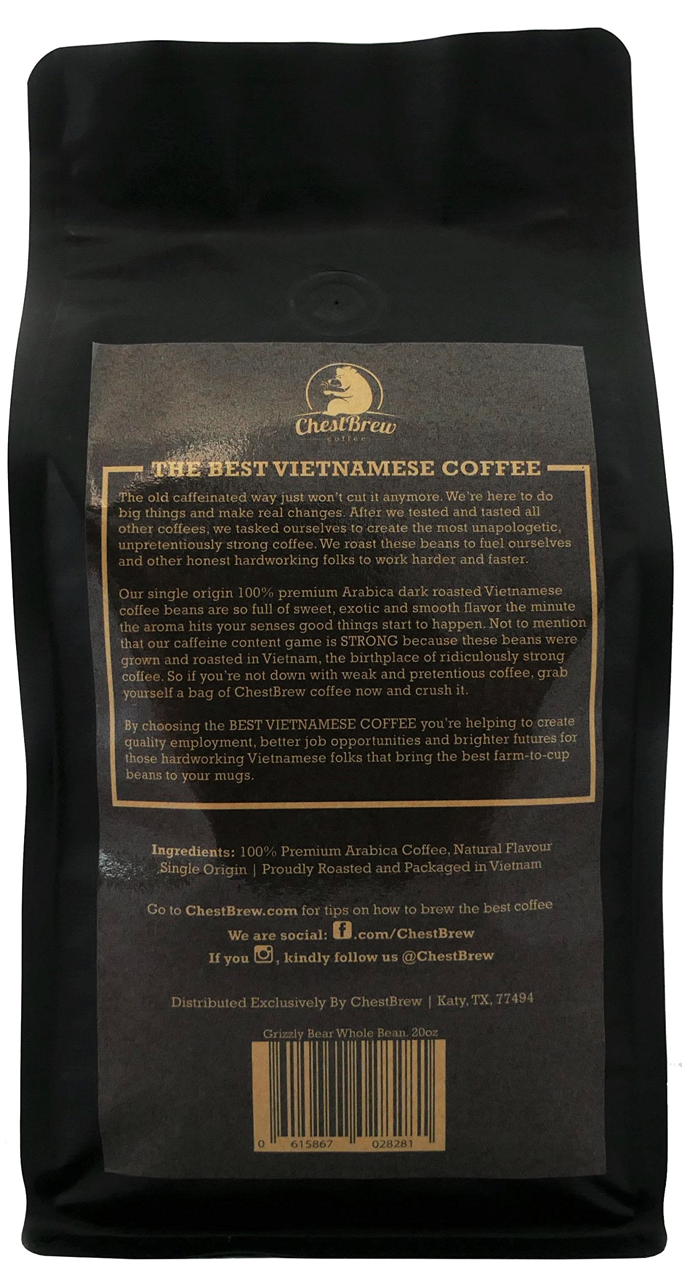 CHESTBREW COFFEE Whole Bean Coffee Medium Roast 20 Ounce Dark Brown Bag