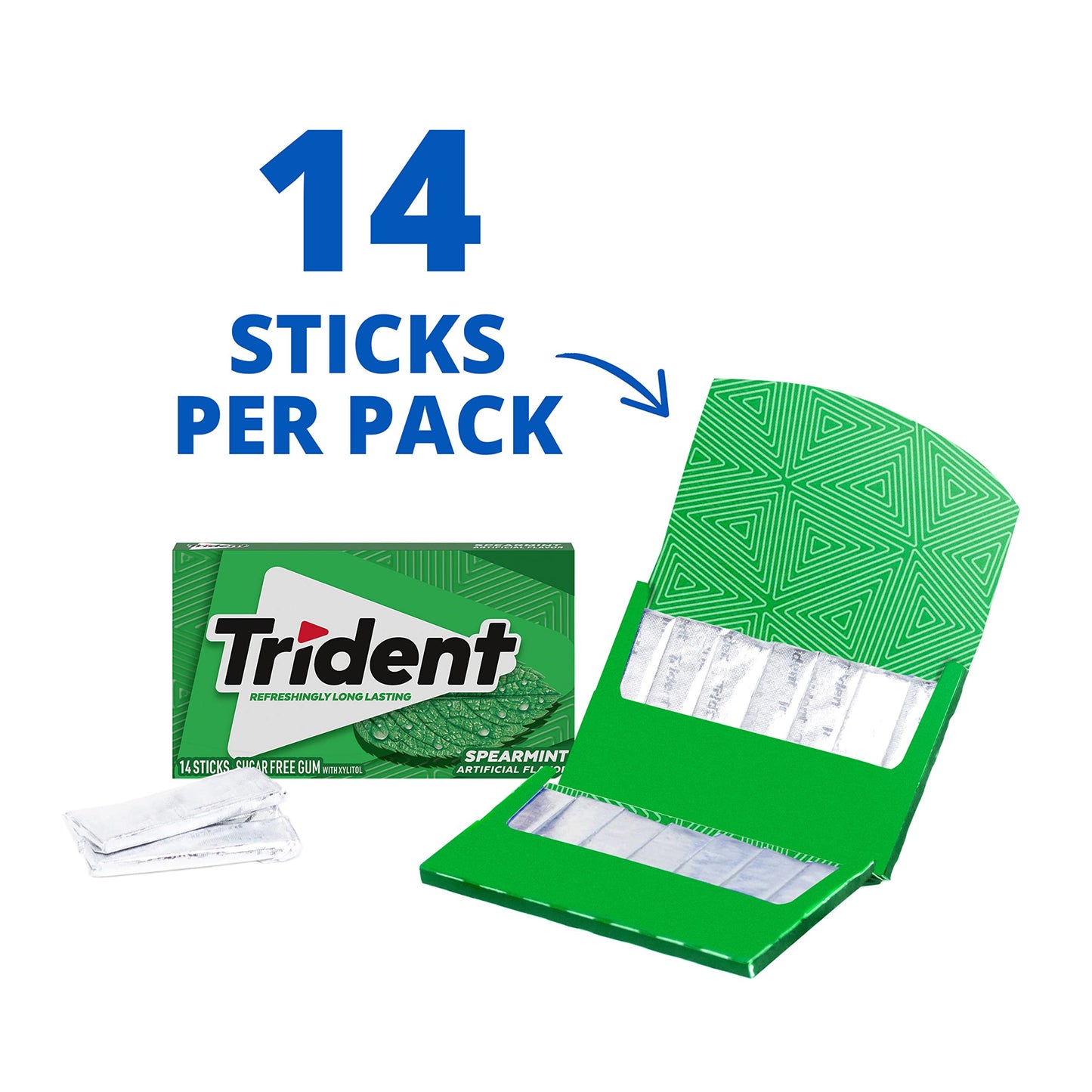 Trident Spearmint Chewing Gum, Sugar-Free, 14 Count per Pack, 24 Packs, Green, Model TS0417-A700ML-M310