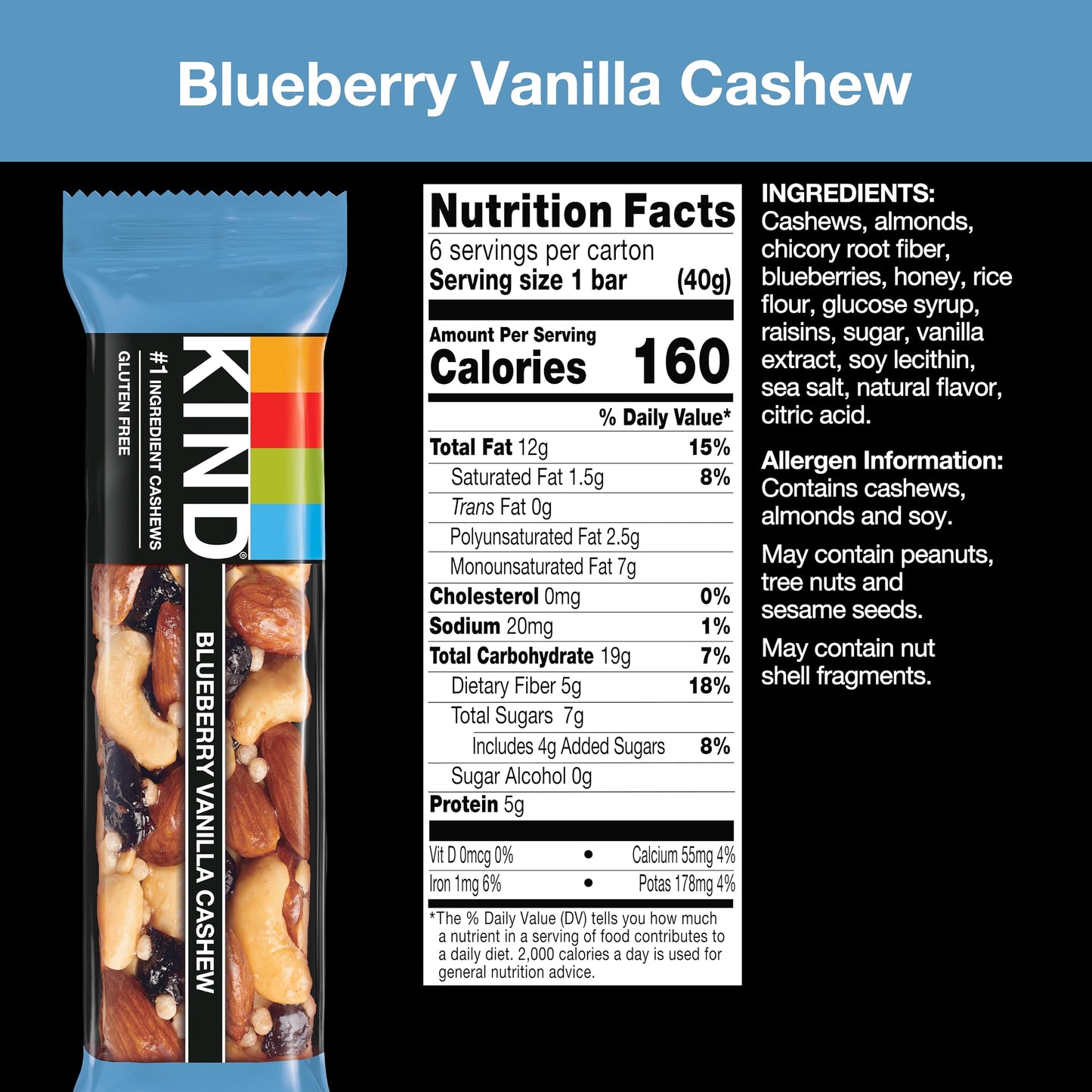 KIND Nut Bars, Blueberry Vanilla & Cashew, Gluten Free, 5g Protein, 6 Count