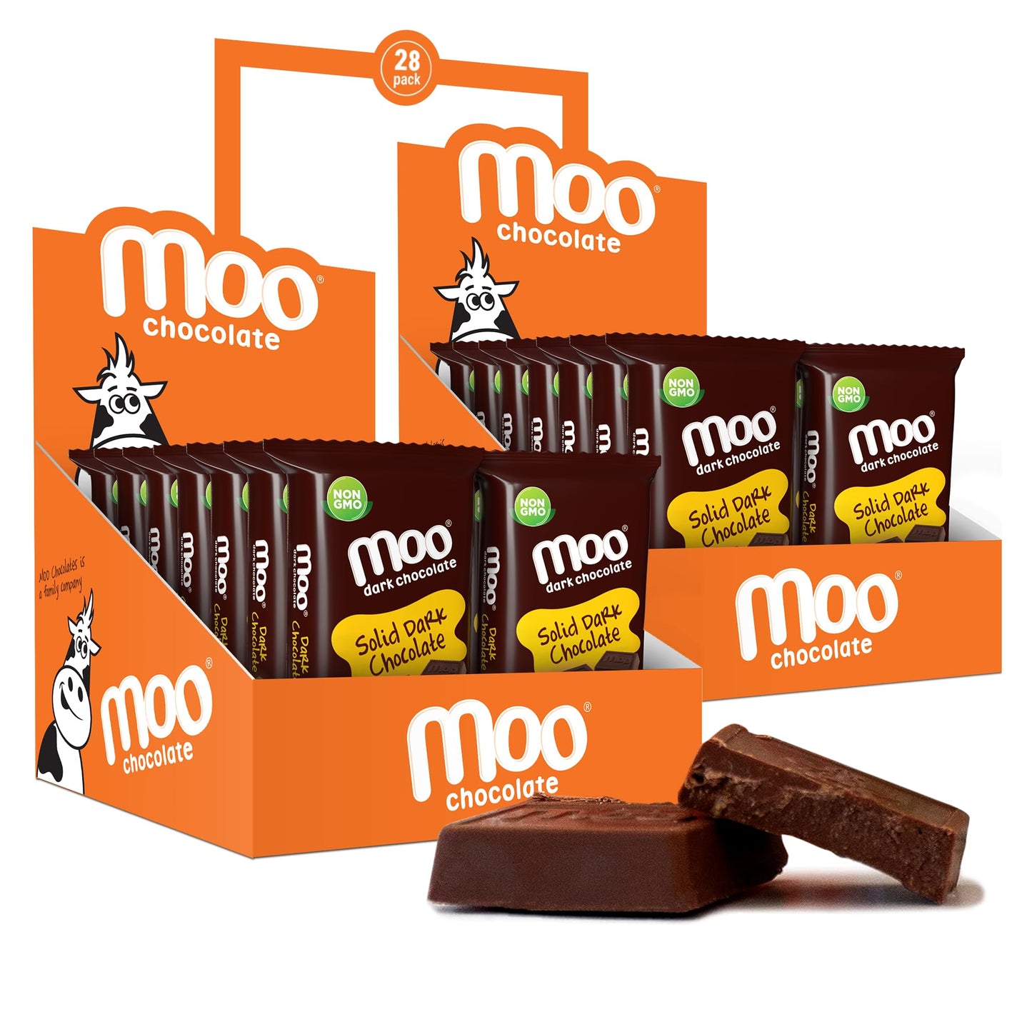 Moo Chocolates All Natural Solid Dark Chocolate Mini Bars 0.7 oz, 28 ct (Pack of 2) | 100 Calorie Snacks for On-the-Go, Lunchbox