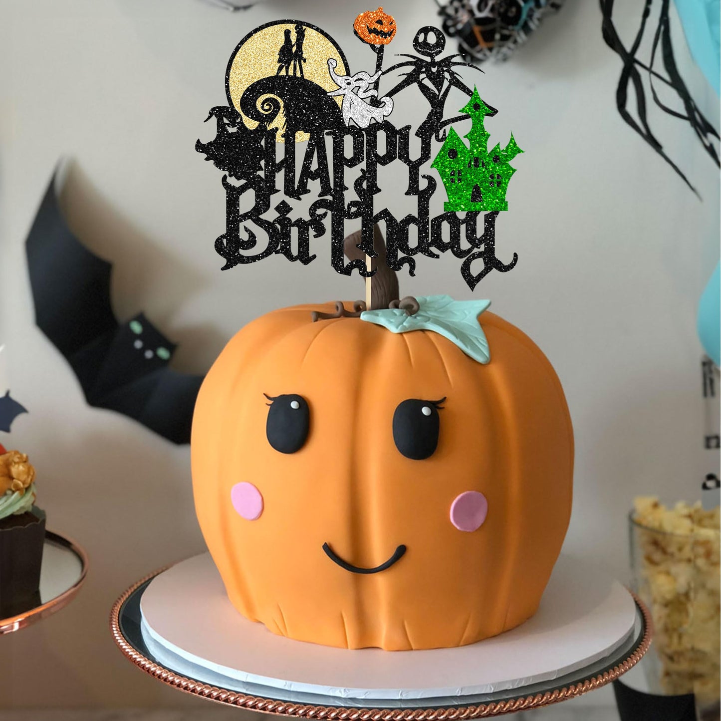 Gyufise 1Pcs Halloween Happy Birthday Cake Topper Glitter Jack And Sally Pumpkin Bat Castle Ghost Halloween Cake Pick For Hallow