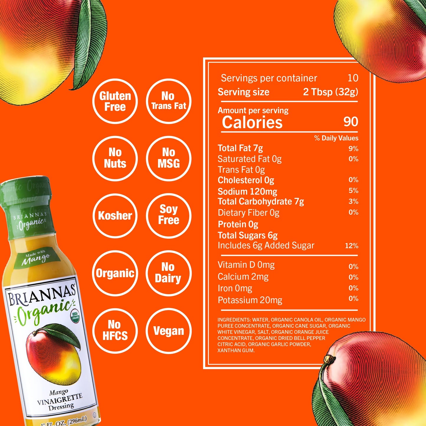 BRIANNAS Organic Mango Vinaigrette Dressing - Certified Organic - 10 Fl Oz Bottle