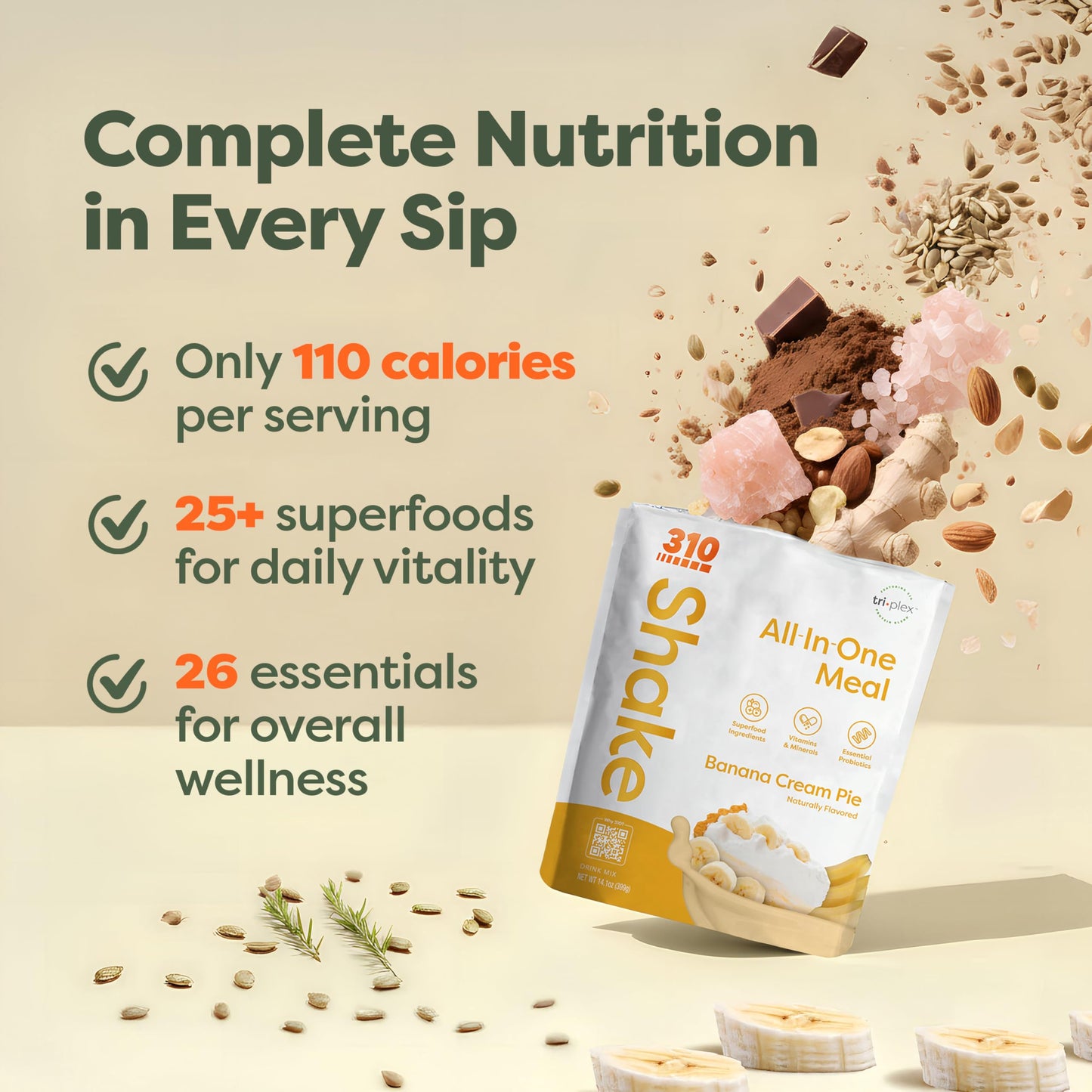 310 Nutrition All-in-One Plant-Based Meal Replacement Shake - High-Fiber Protein with Probiotics, Digestive Enzymes & Adaptogens