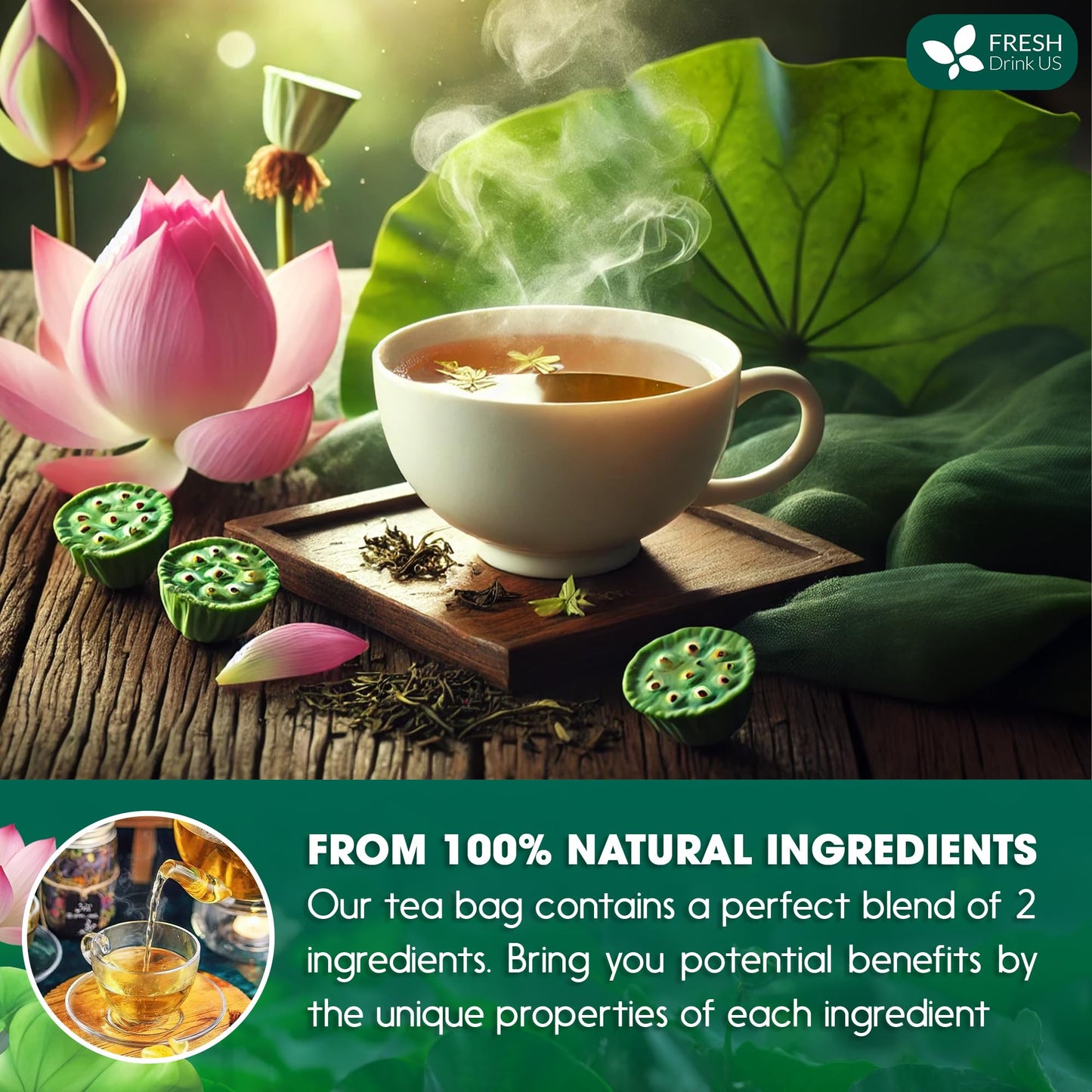 FRESHDRINKUS Lotus Green Tea - 100% Natural, 20 Tea Bags, Exquisite Flavor, Vegan, No Sugar, No Gluten
