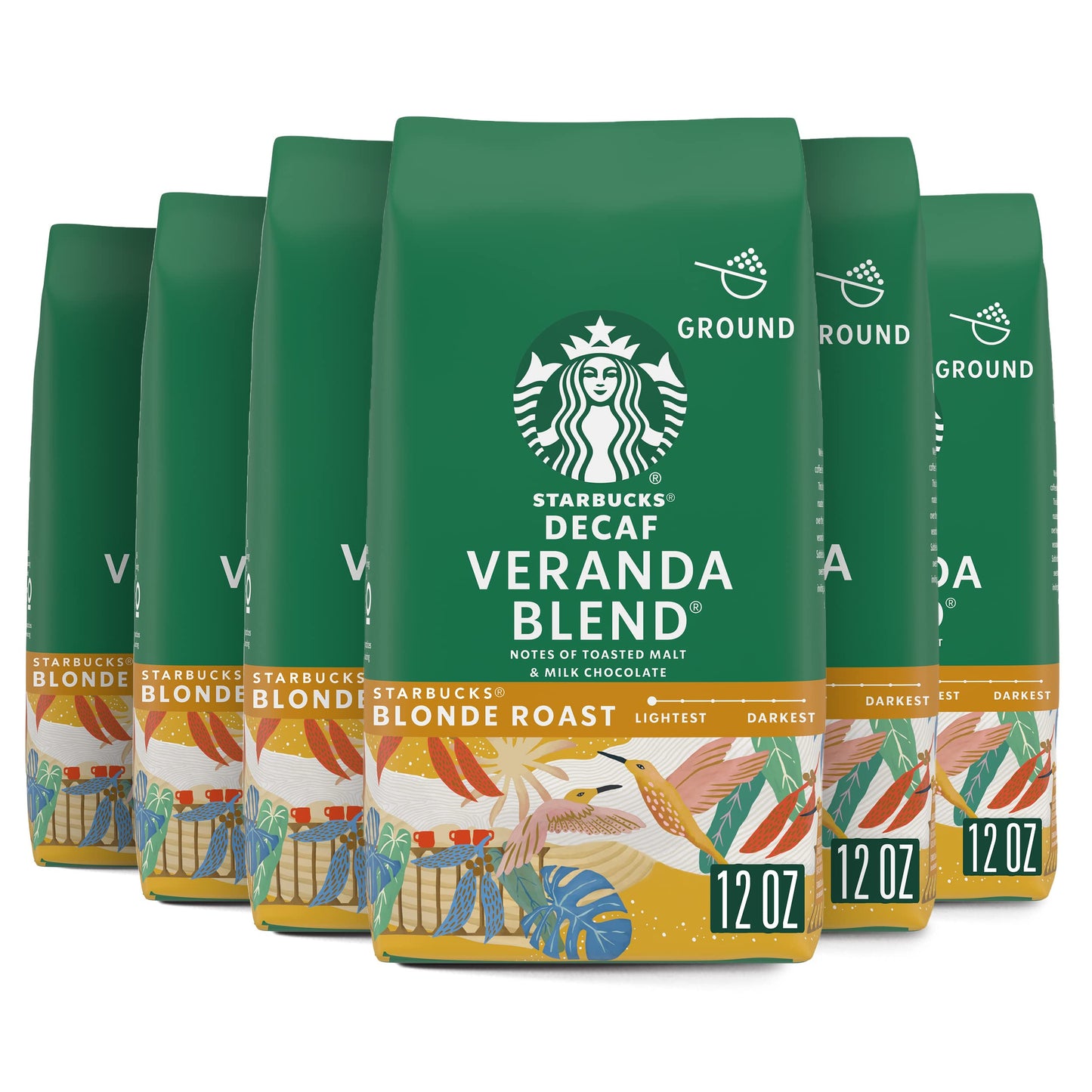 Starbucks Ground Coffee Blonde Roast Decaf Veranda Blend, 12 oz (Pack of 6), 100% Arabica, Brown