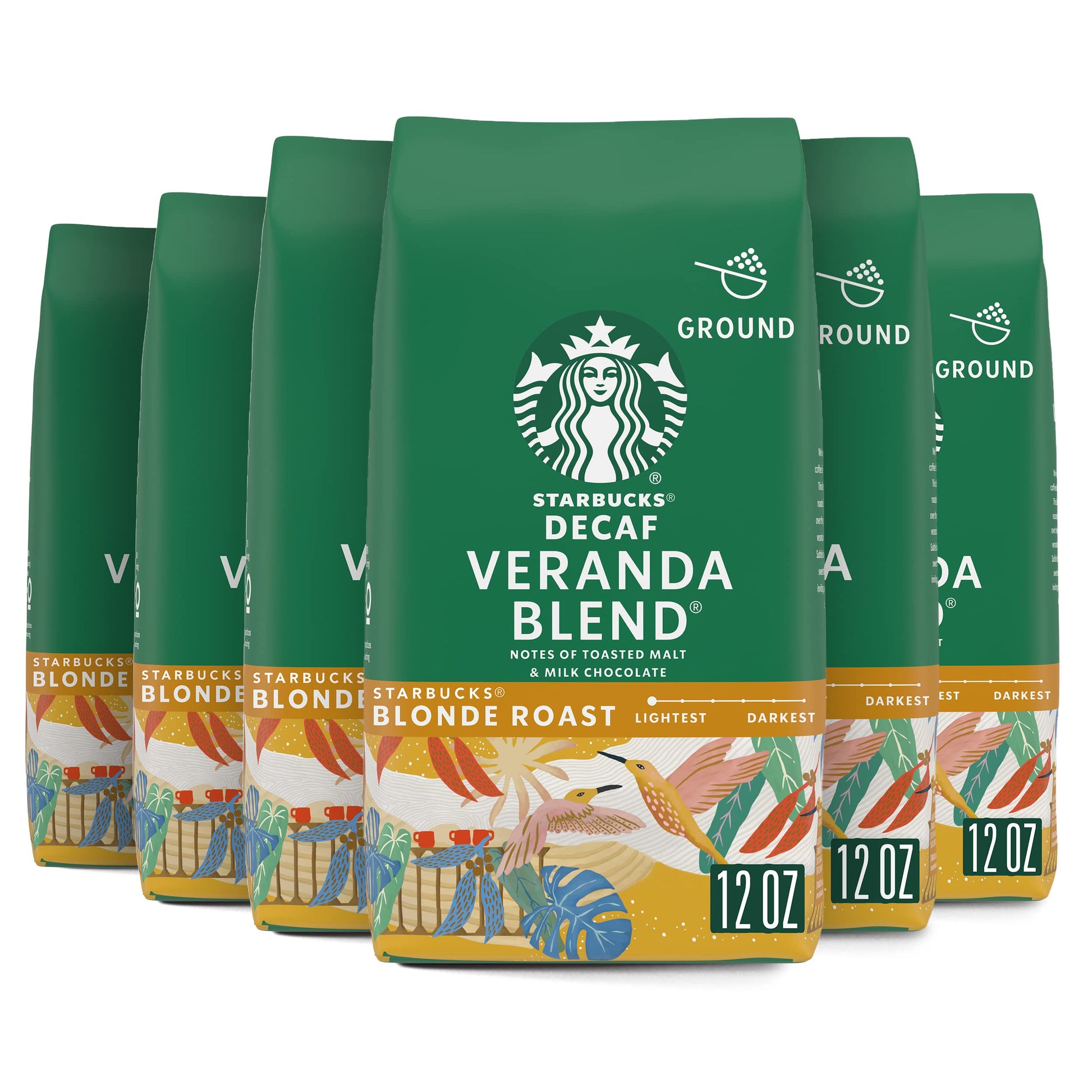 Starbucks Ground Coffee Blonde Roast Decaf Veranda Blend, 12 oz (Pack of 6), 100% Arabica, Brown