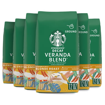 Starbucks Ground Coffee Blonde Roast Decaf Veranda Blend, 12 oz (Pack of 6), 100% Arabica, Brown