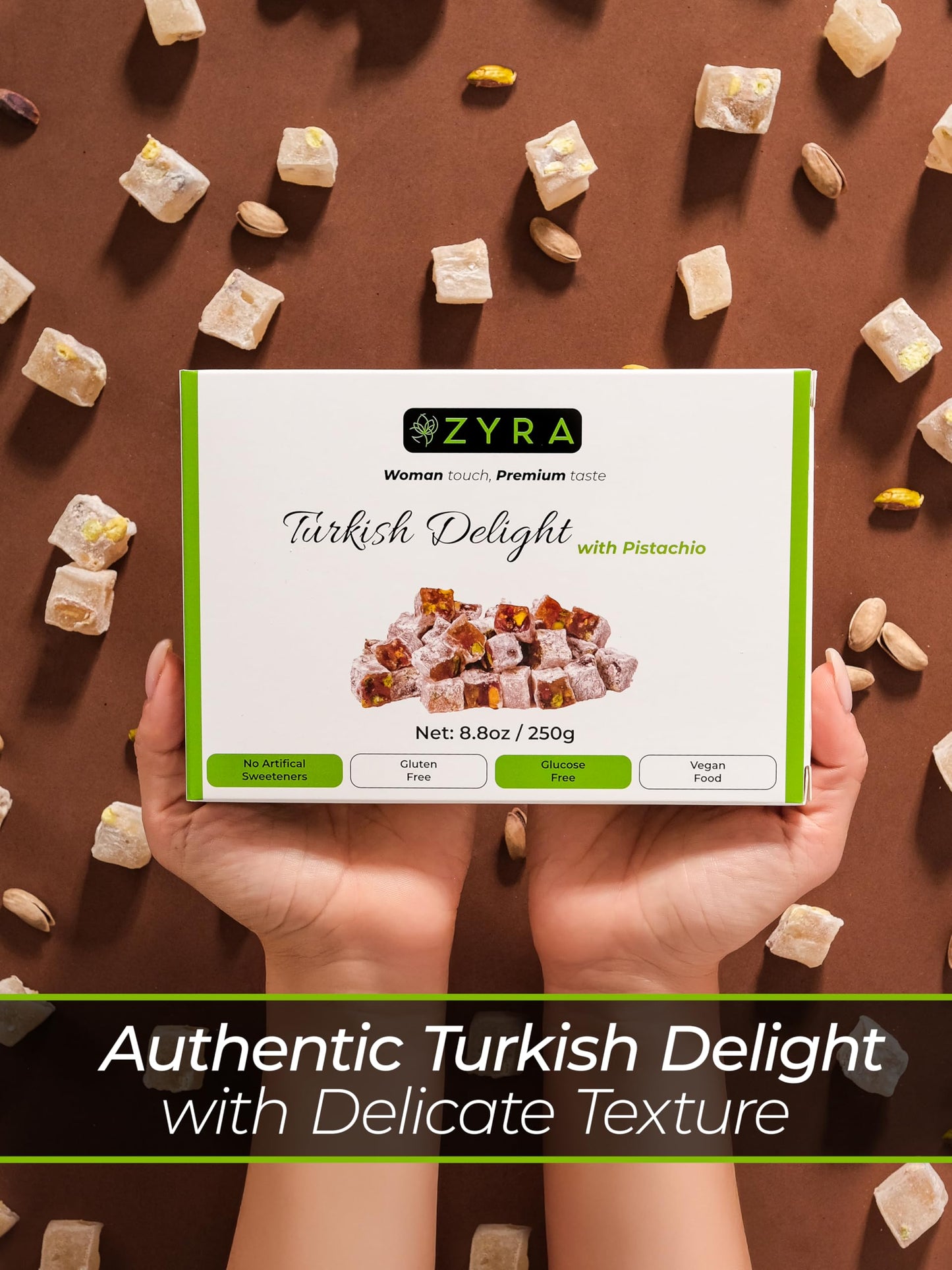 Zyra Turkish Delight With Pistachio - 8.8Oz - Woman Owned Brand - Luxury With Roasted Pistachio - Authentic Enhanced Lokum Confectionery - Gifts For Everyone