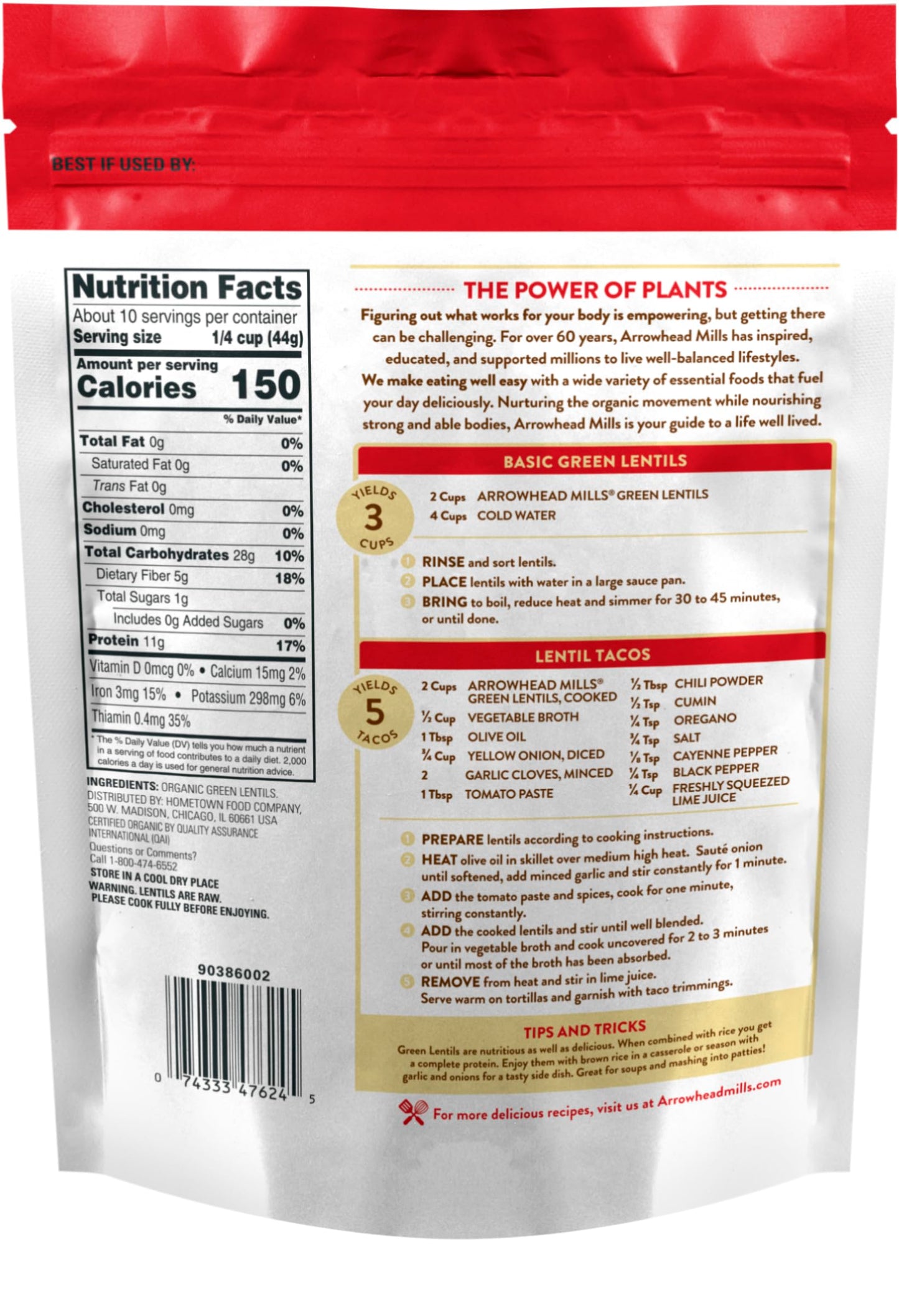 Arrowhead Mills Organic Green Lentils, 16 Oz Bag