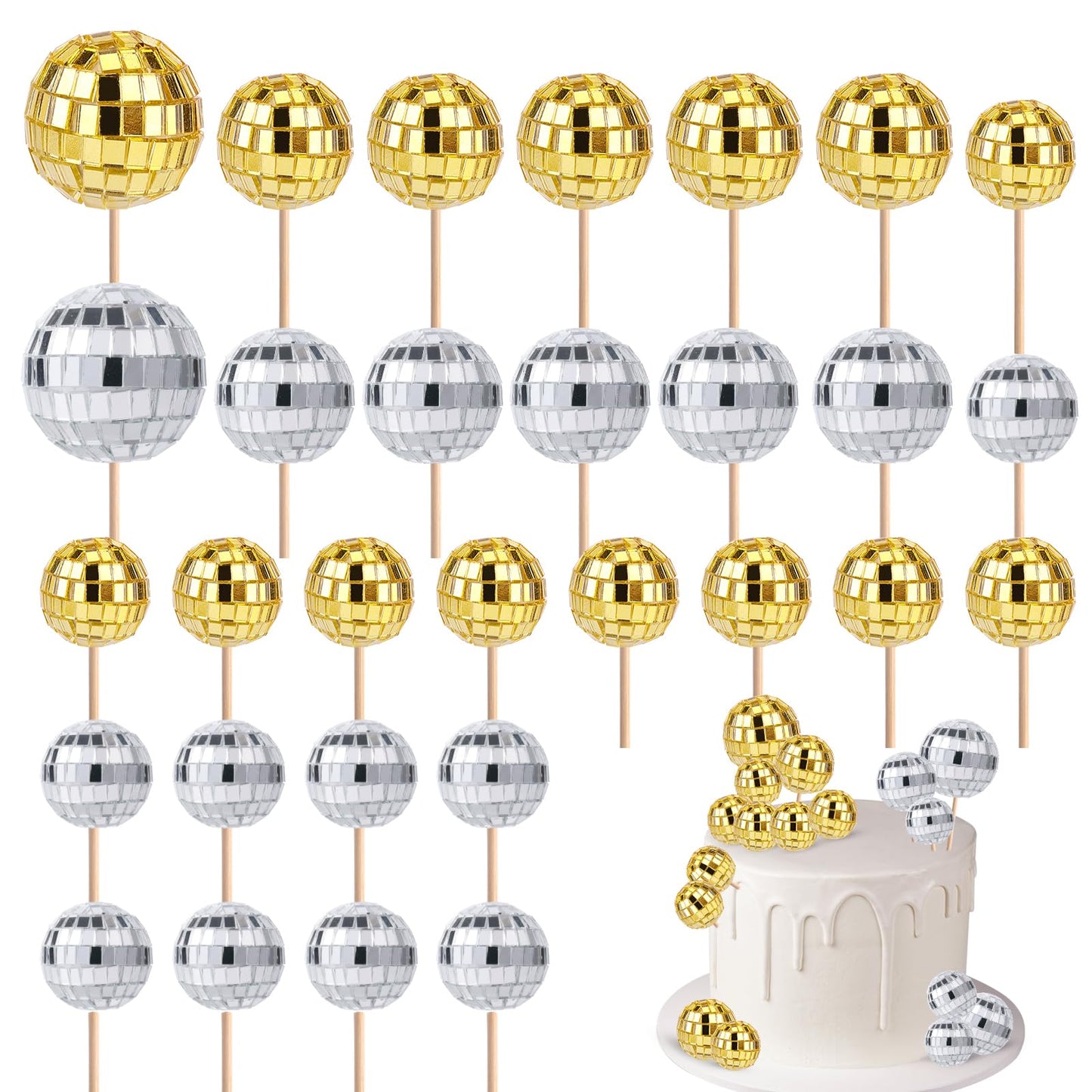 PEUTIER 30pcs Disco Ball Cupcake Toppers, Retro Cake Decorations, 70s Theme Party Supplies, Silver & Gold