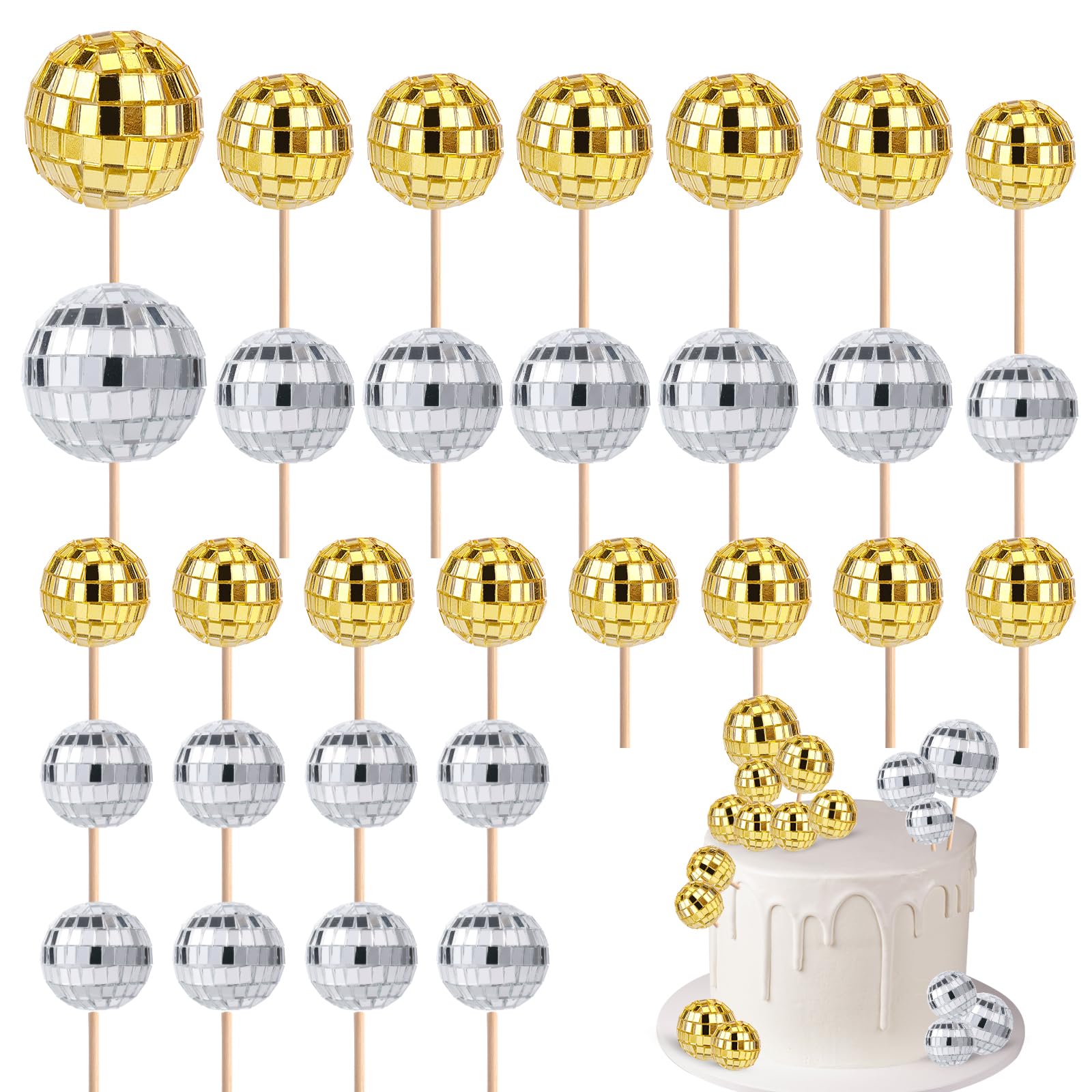 PEUTIER 30pcs Disco Ball Cupcake Toppers, Retro Cake Decorations, 70s Theme Party Supplies, Silver & Gold