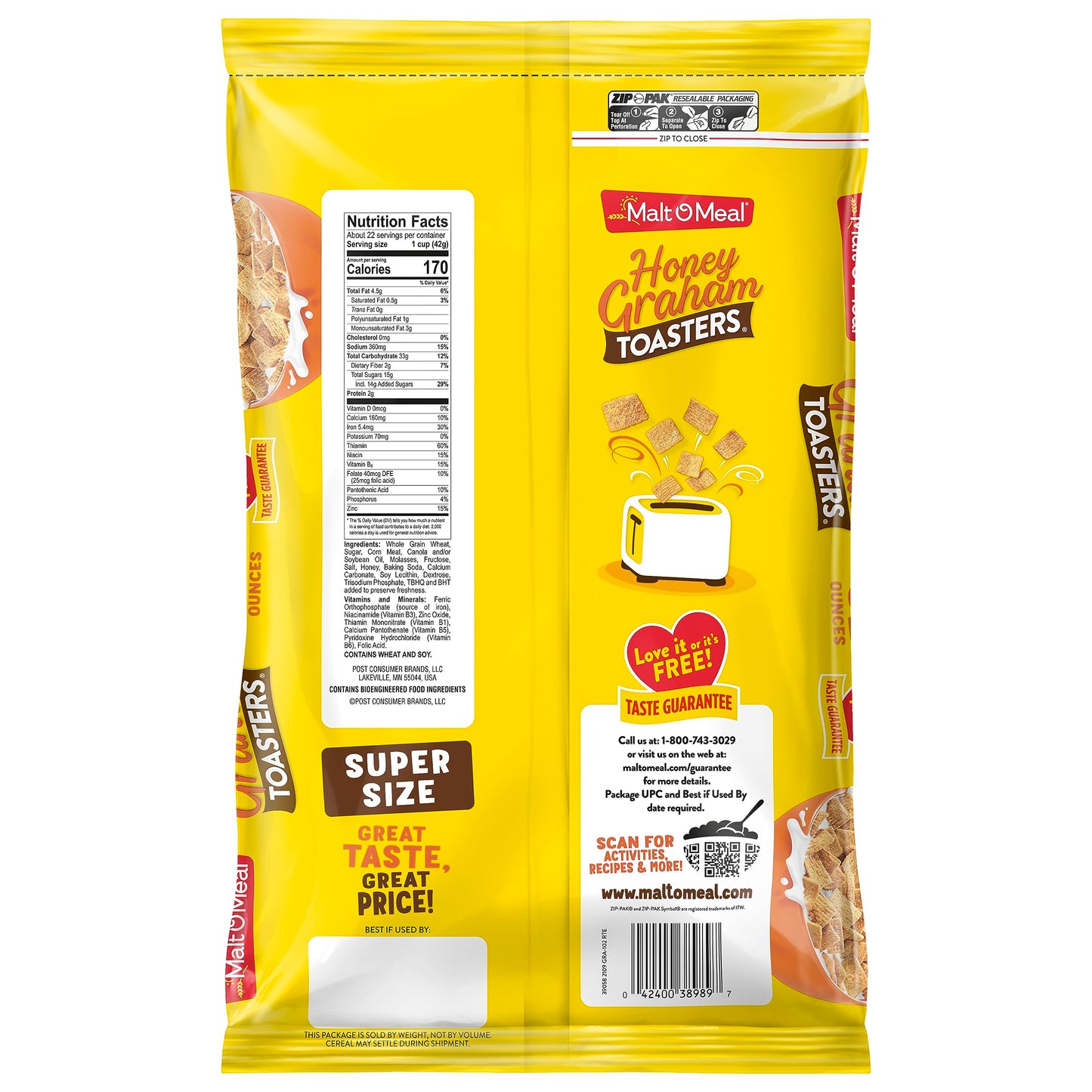 Malt-O-Meal Honey Graham Toasters Breakfast Cereal, Honey Graham Cereal Squares, Super Size Bagged Cereal, 32 Oz Resealable Cereal Bag