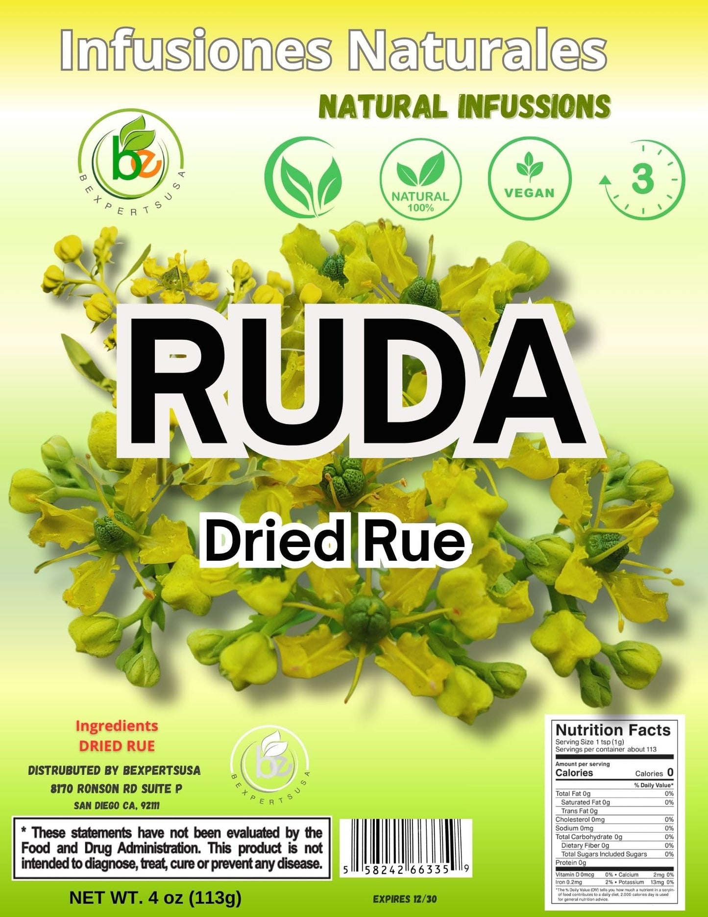 Ruda Seca T? - Rue Dried Herbs Tea - 4 oz (113 g) - Ruta Graveolens Loose Leaf - Traditional Herbal Infusion - 100% Natural  Wildcrafted  Vegan  Non-GMO - by BexpertsUSA