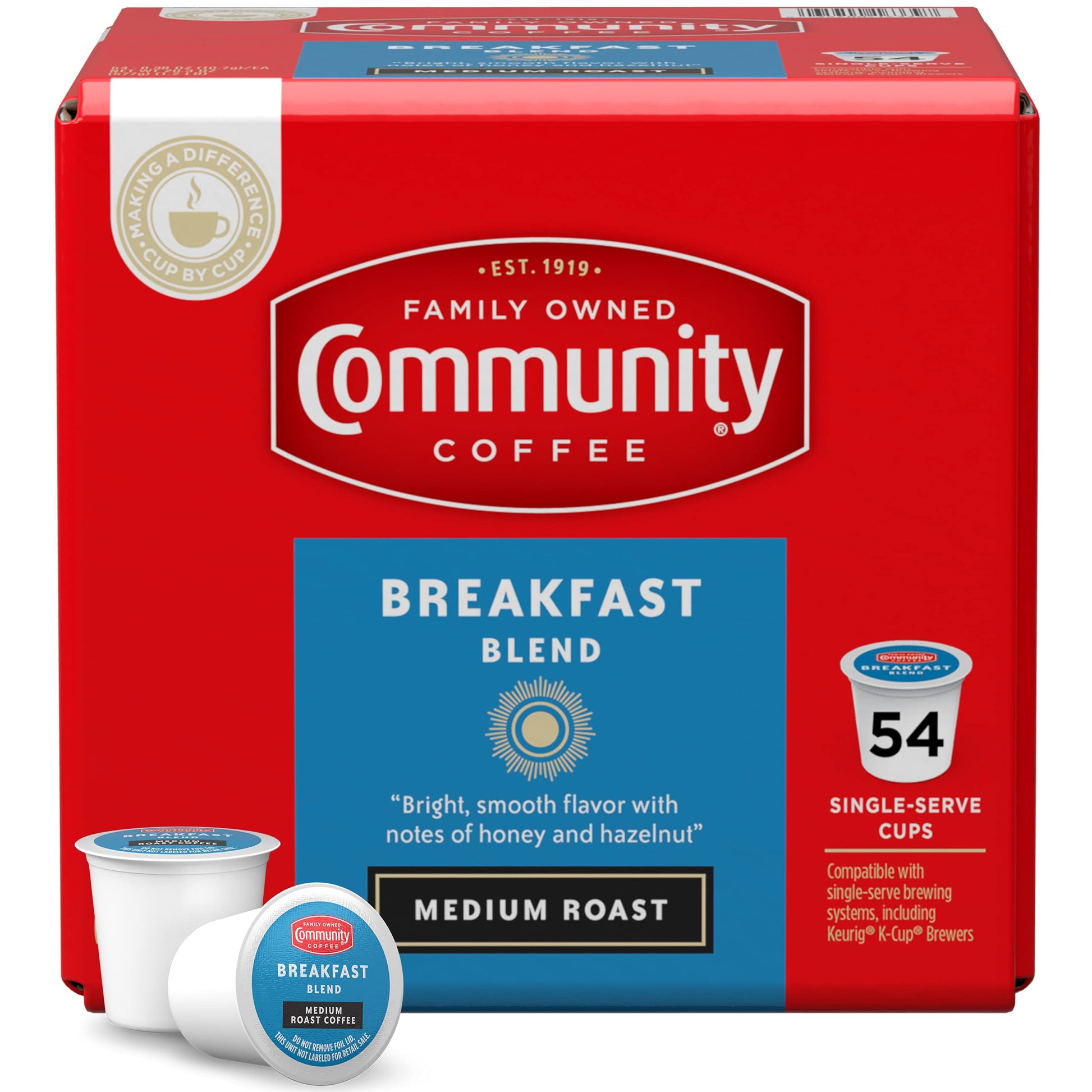 Community Coffee Breakfast Blend Coffee Pods, Medium Roast, 54 Count, Compatible with Keurig 2.0, Red