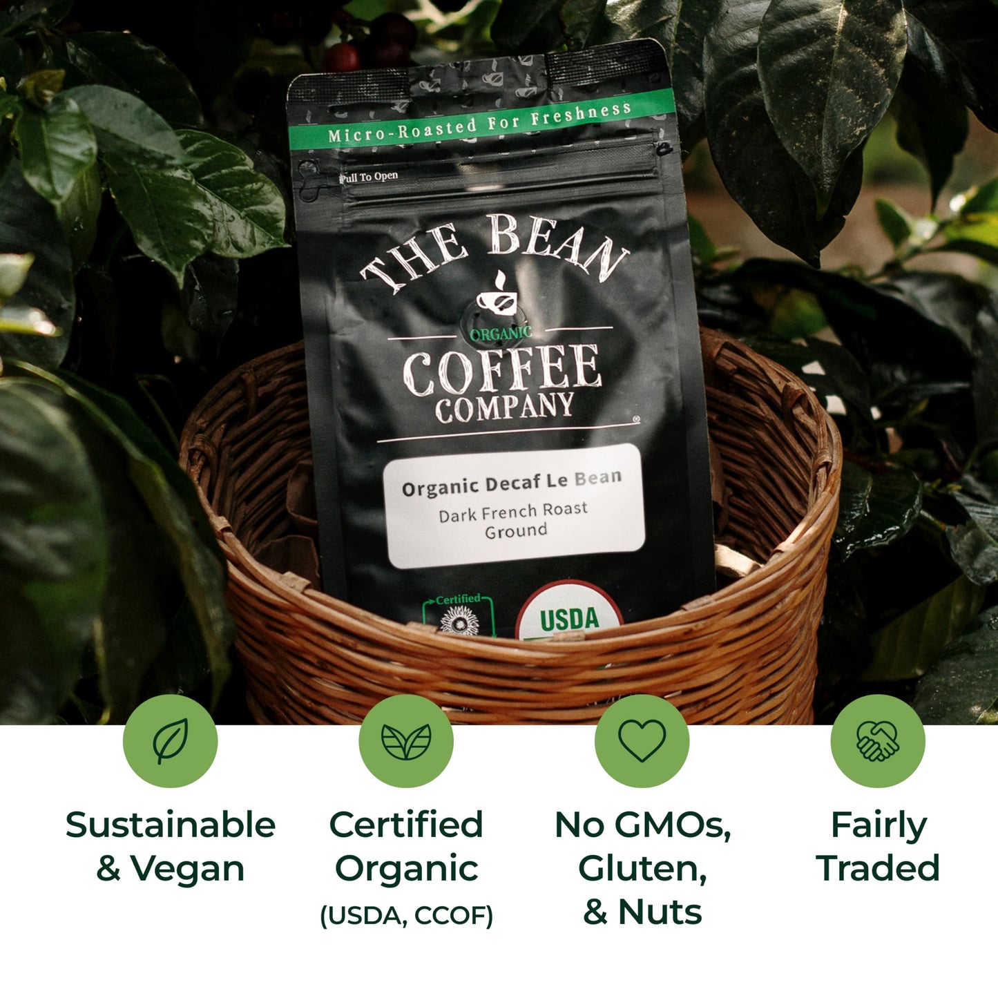 The Bean Organic Coffee Company Water Processed Decaf Le Bean, Dark French Roast, Ground Coffee, 16-Ounce Bags (Pack Of 2), Café Molido Tostado Orgánico Descafeinado